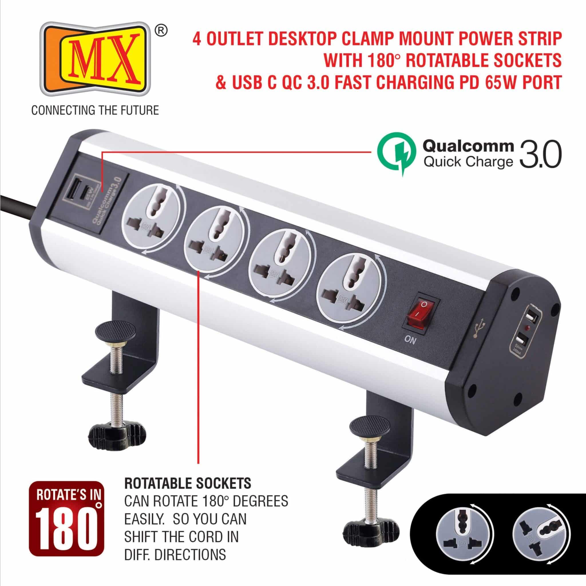 MX Premium Power Console 6 Amp 4 Universal 180⁰ Rotatable Sockets with 65W PD Charging Port Extension Board with removable Desk Clamp – Master Switch - 1.5m 3 Pin Plug extension Cord 1.5mtr - Image 4