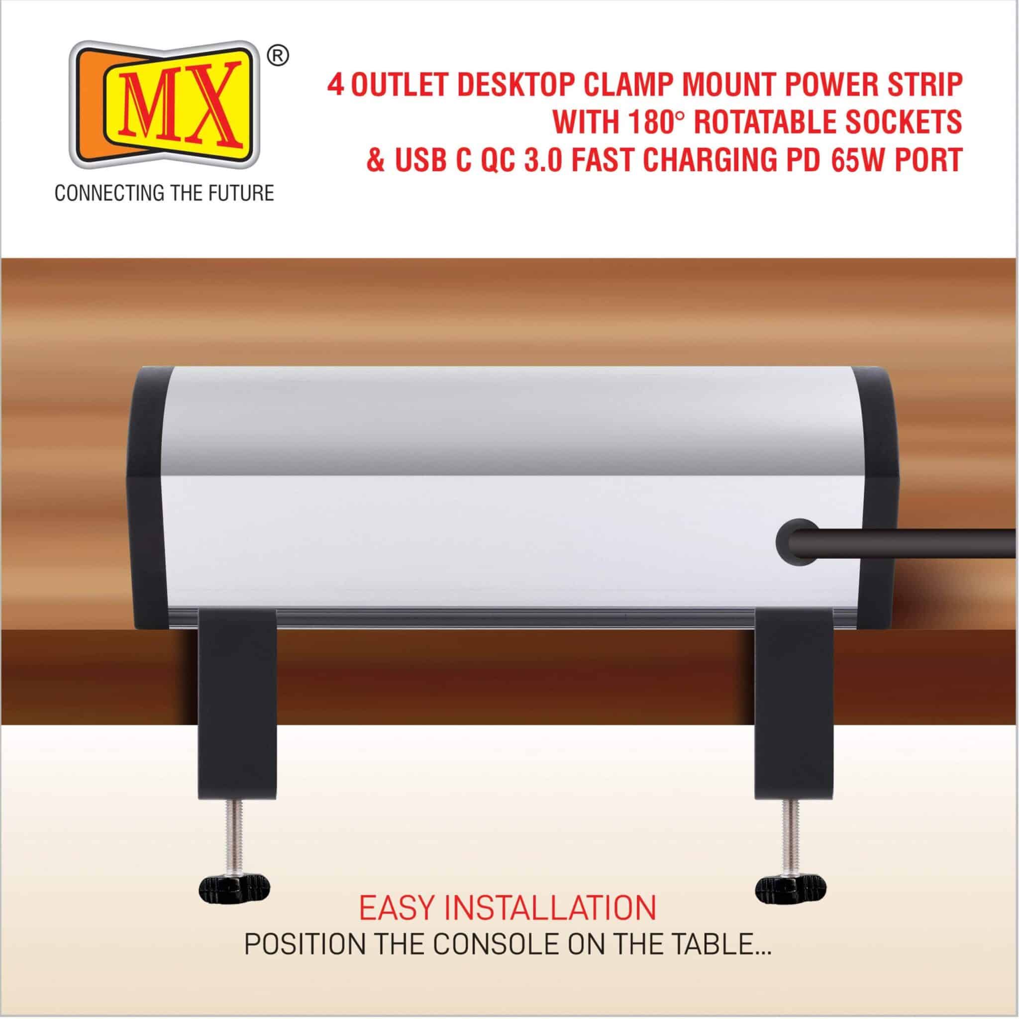 MX Premium Power Console 6 Amp 4 Universal 180⁰ Rotatable Sockets with 65W PD Charging Port Extension Board with removable Desk Clamp – Master Switch - 1.5m 3 Pin Plug extension Cord 1.5mtr - Image 7