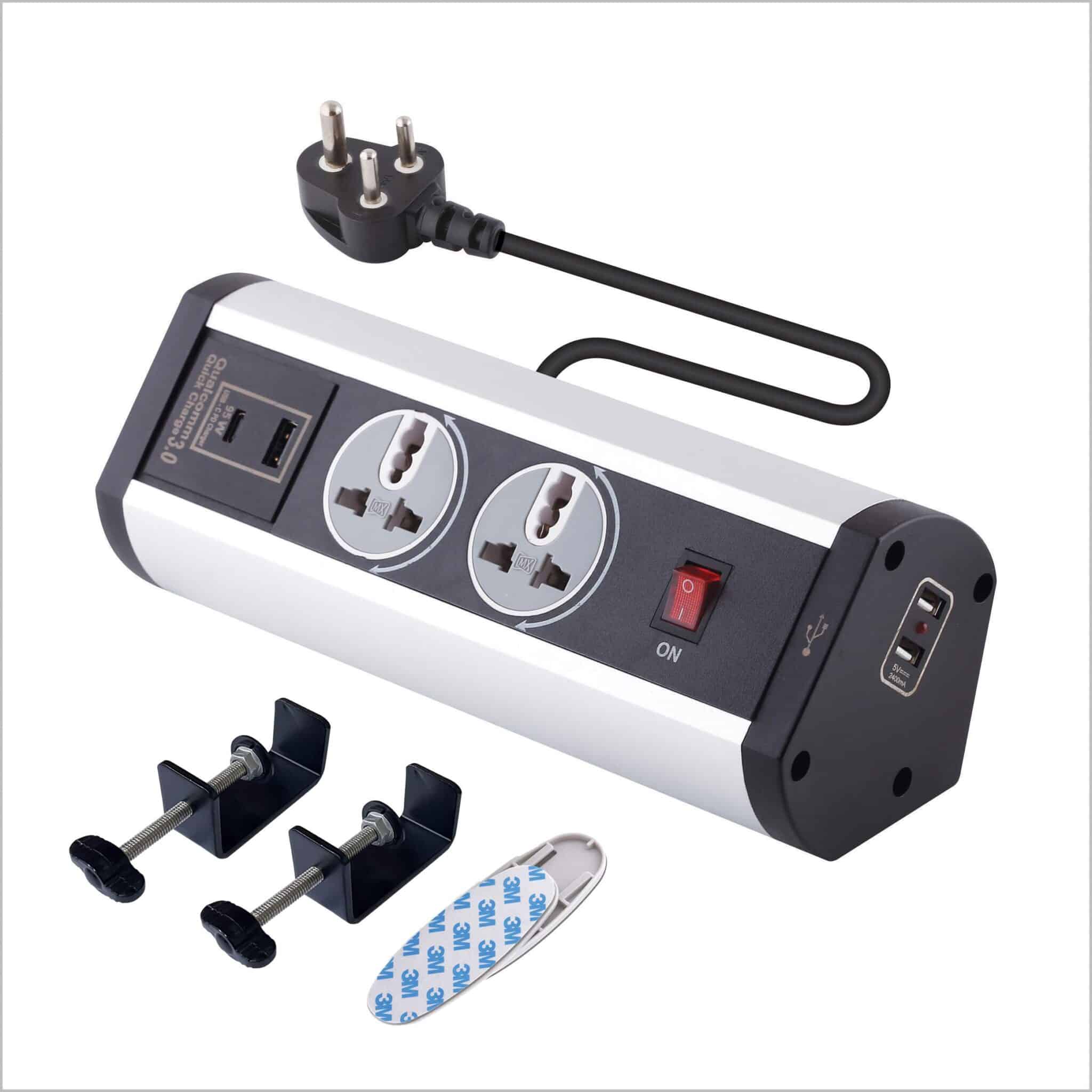 MX Power Console 6 Amp 2 Universal Rotatable Sockets with 95W PD Charging Port Extension Board - Desk Clamp Mount – Master Switch For Home Office Exhibition School - 3 Pin Power Cord 1.5mtr