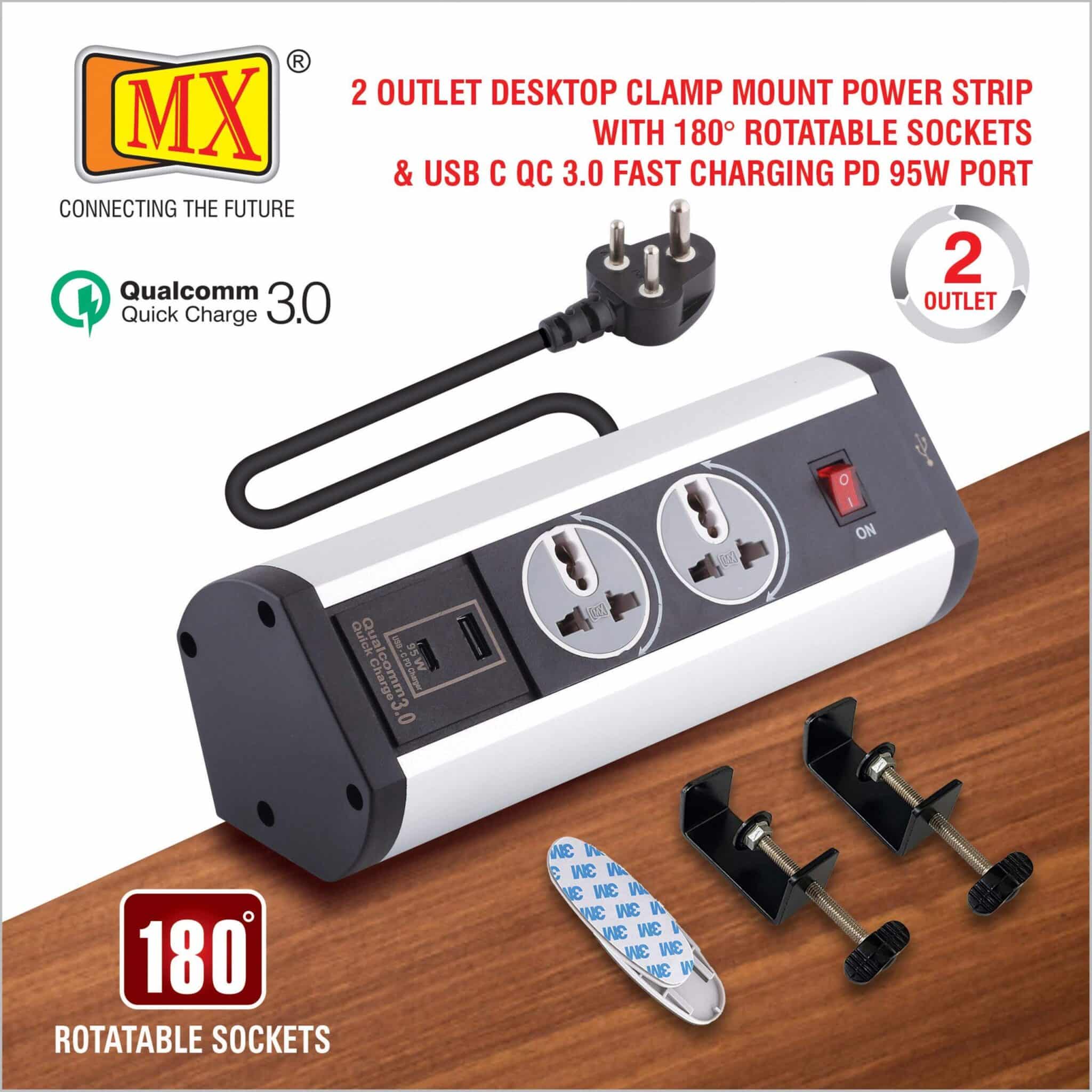 MX Power Console 6 Amp 2 Universal Rotatable Sockets with 95W PD Charging Port Extension Board - Desk Clamp Mount – Master Switch For Home Office Exhibition School - 3 Pin Power Cord 1.5mtr - Image 2