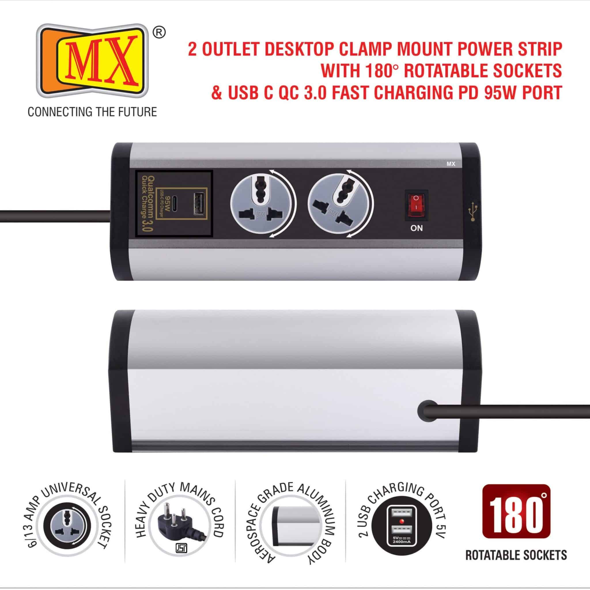 MX Power Console 6 Amp 2 Universal Rotatable Sockets with 95W PD Charging Port Extension Board - Desk Clamp Mount – Master Switch For Home Office Exhibition School - 3 Pin Power Cord 1.5mtr - Image 4
