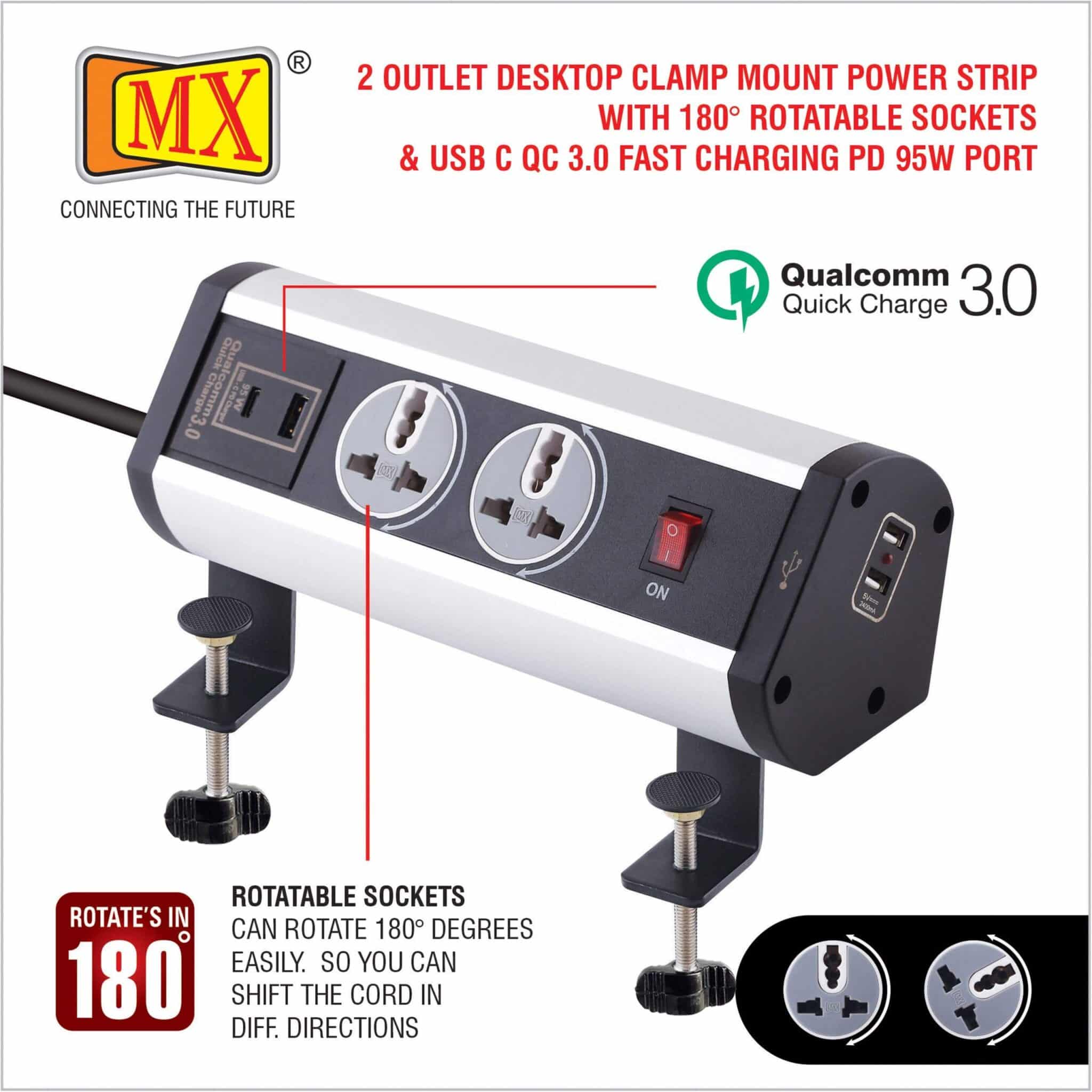 MX Power Console 6 Amp 2 Universal Rotatable Sockets with 95W PD Charging Port Extension Board - Desk Clamp Mount – Master Switch For Home Office Exhibition School - 3 Pin Power Cord 1.5mtr - Image 3
