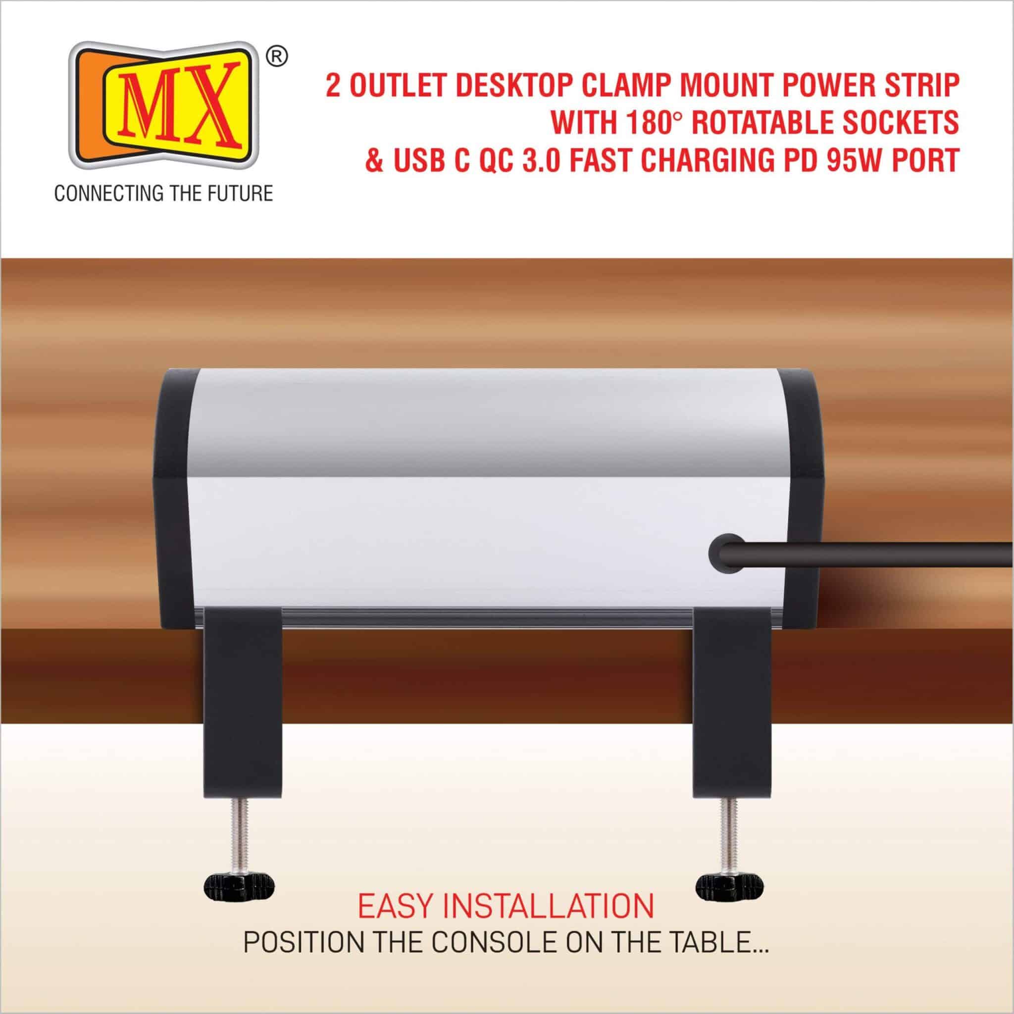 MX Power Console 6 Amp 2 Universal Rotatable Sockets with 95W PD Charging Port Extension Board - Desk Clamp Mount – Master Switch For Home Office Exhibition School - 3 Pin Power Cord 1.5mtr - Image 7