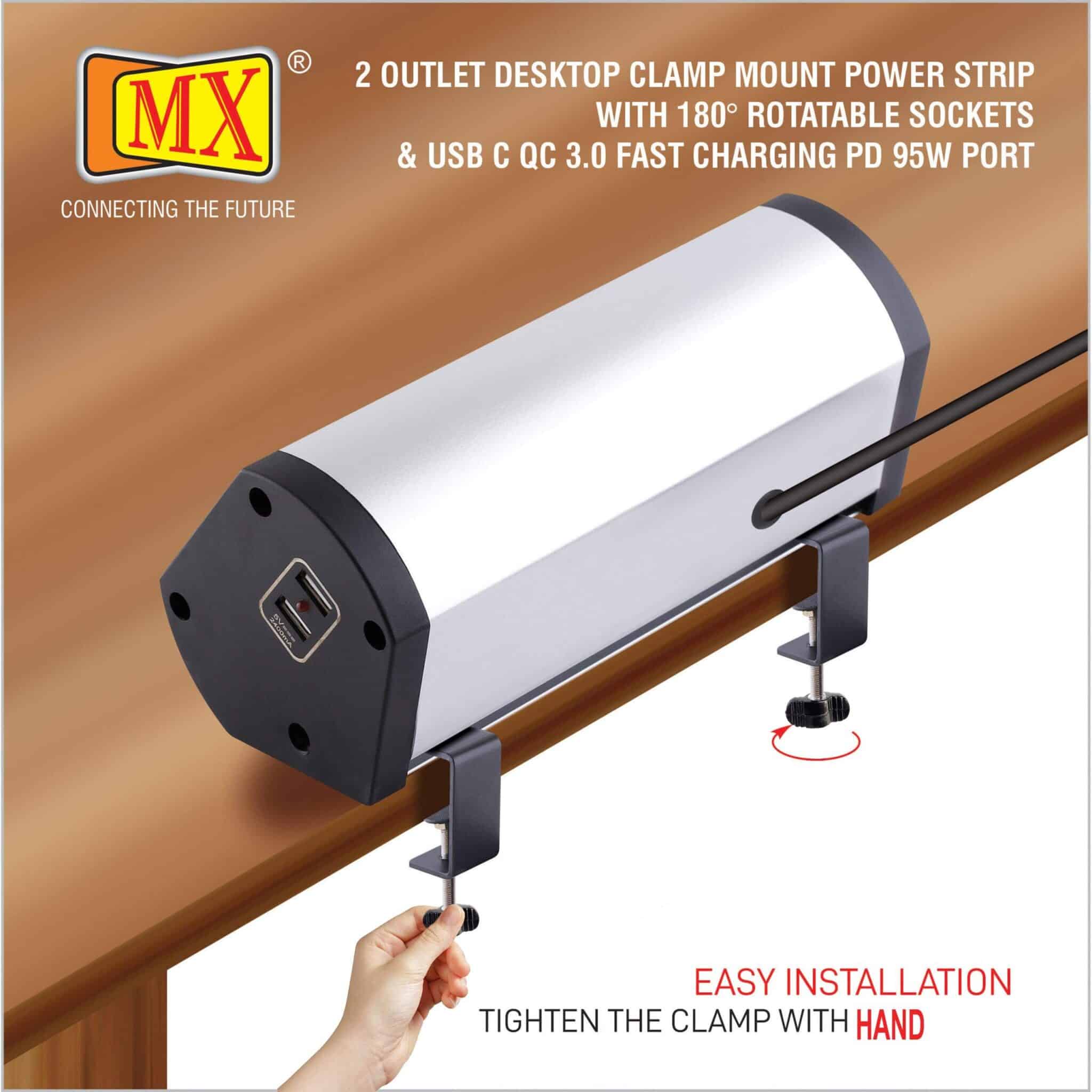 MX Power Console 6 Amp 2 Universal Rotatable Sockets with 95W PD Charging Port Extension Board - Desk Clamp Mount – Master Switch For Home Office Exhibition School - 3 Pin Power Cord 1.5mtr - Image 6