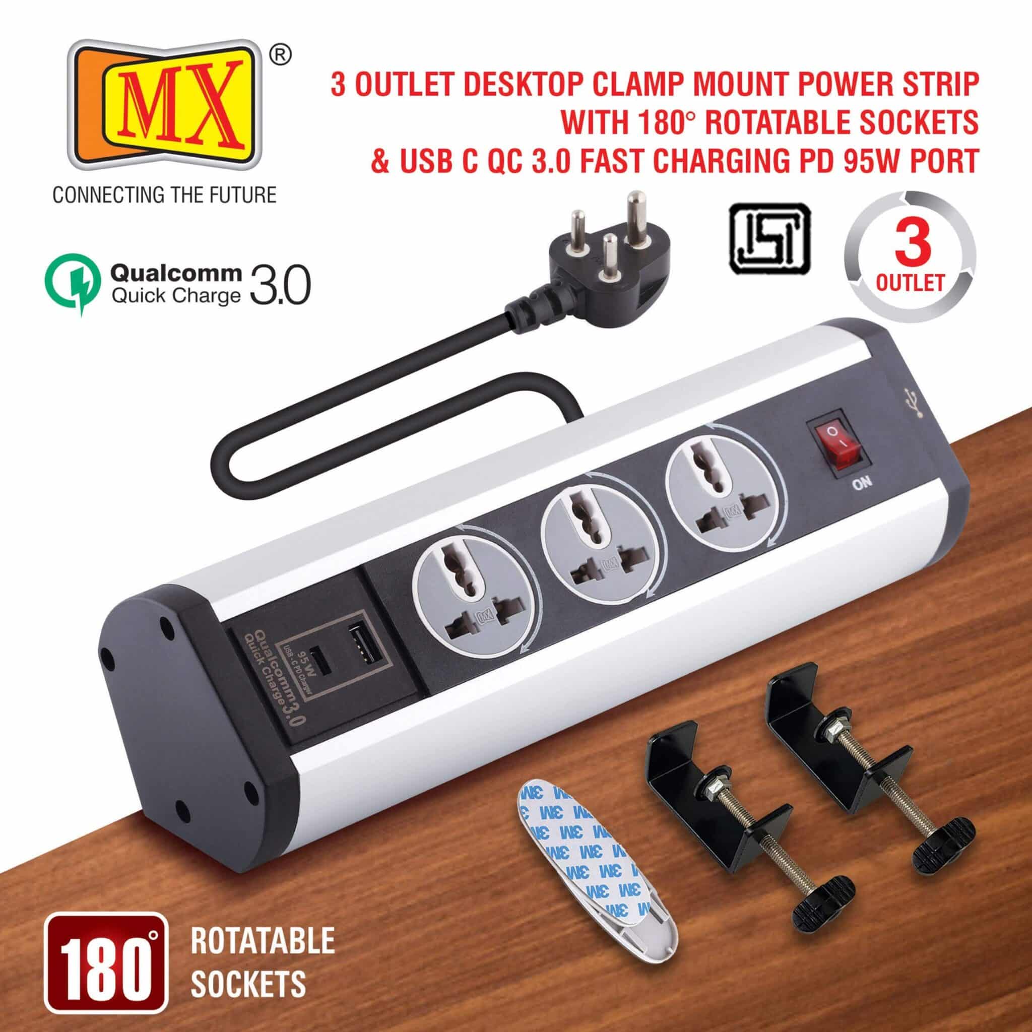 MX Power Console 6 Amp 3 Universal Rotatable Sockets with 95W PD Charging Port Extension Board - Desk Clamp Mount – Master Switch For Home Office Exhibition School - 3 Pin Power Cord 1.5mtr - Image 2