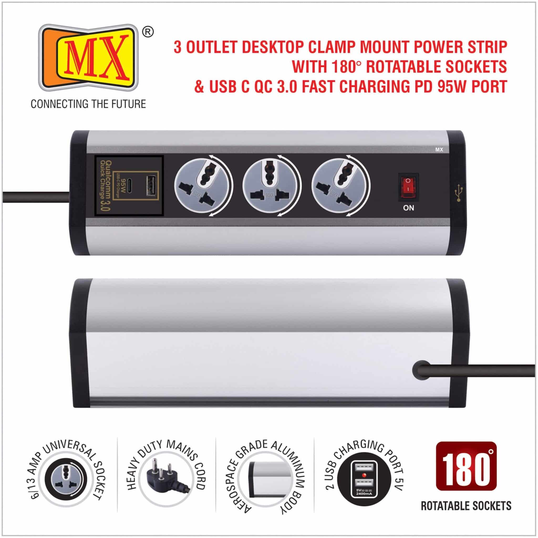 MX Power Console 6 Amp 3 Universal Rotatable Sockets with 95W PD Charging Port Extension Board - Desk Clamp Mount – Master Switch For Home Office Exhibition School - 3 Pin Power Cord 1.5mtr - Image 4