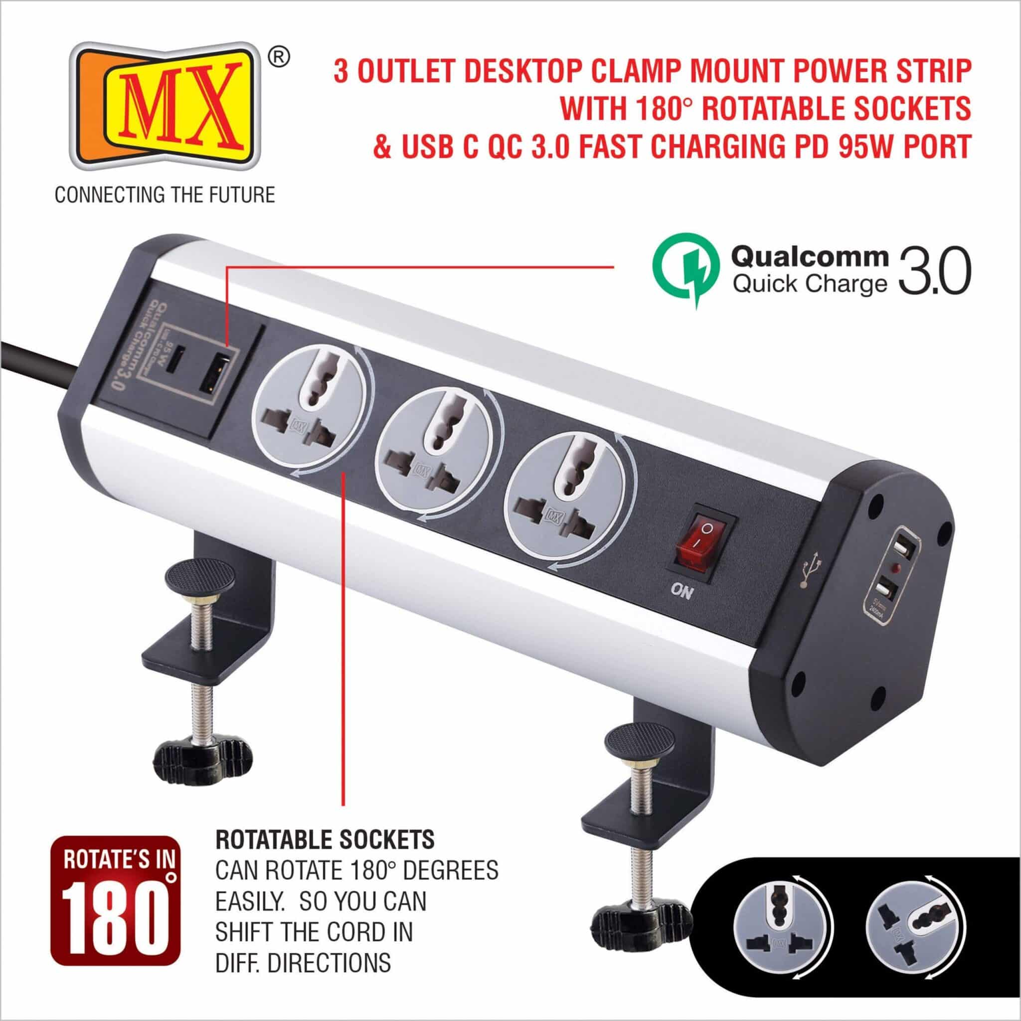 MX Power Console 6 Amp 3 Universal Rotatable Sockets with 95W PD Charging Port Extension Board - Desk Clamp Mount – Master Switch For Home Office Exhibition School - 3 Pin Power Cord 1.5mtr - Image 3