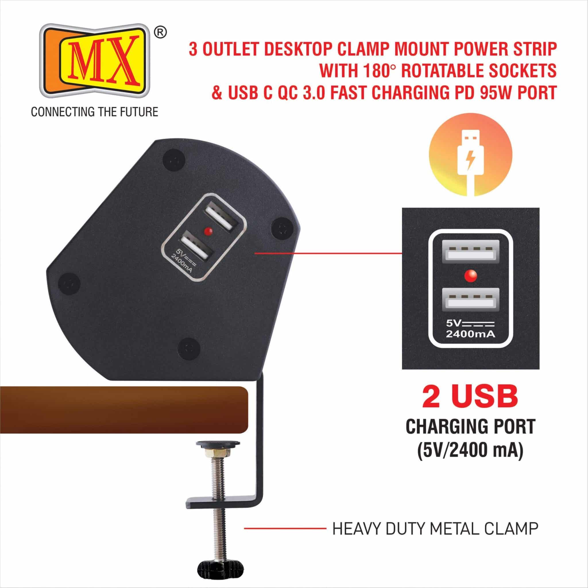 MX Power Console 6 Amp 3 Universal Rotatable Sockets with 95W PD Charging Port Extension Board - Desk Clamp Mount – Master Switch For Home Office Exhibition School - 3 Pin Power Cord 1.5mtr - Image 5