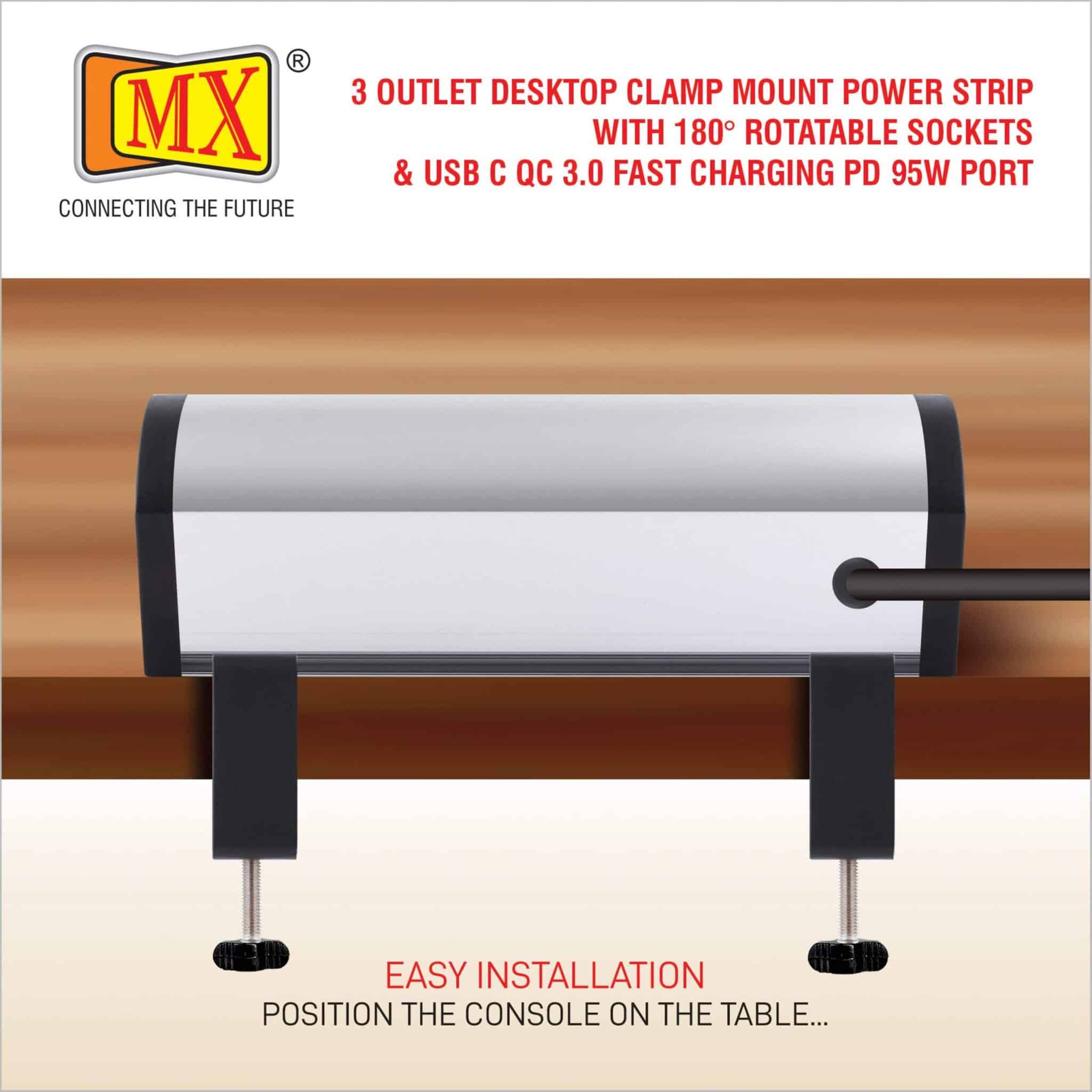 MX Power Console 6 Amp 3 Universal Rotatable Sockets with 95W PD Charging Port Extension Board - Desk Clamp Mount – Master Switch For Home Office Exhibition School - 3 Pin Power Cord 1.5mtr - Image 7