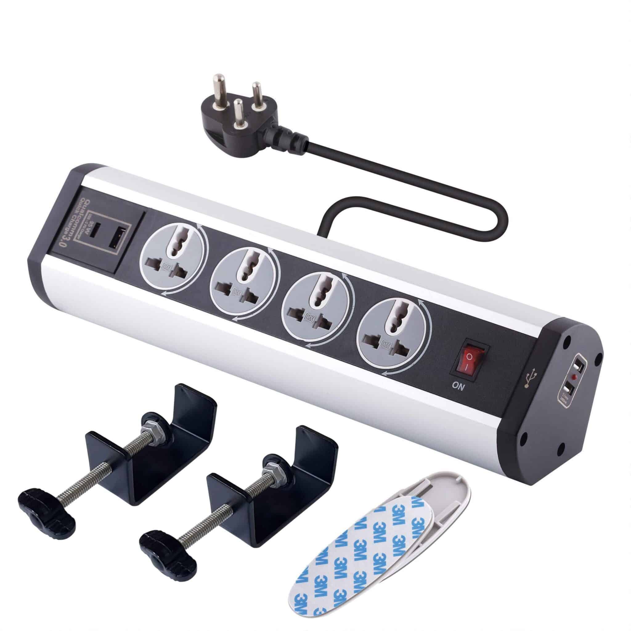 MX Power Console 6 Amp 4 Universal Rotatable Sockets with 95W PD Charging Port Extension Board - Desk Clamp Mount – Master Switch For Home Office Exhibition School - 3 Pin Power Cord 1.5mtr