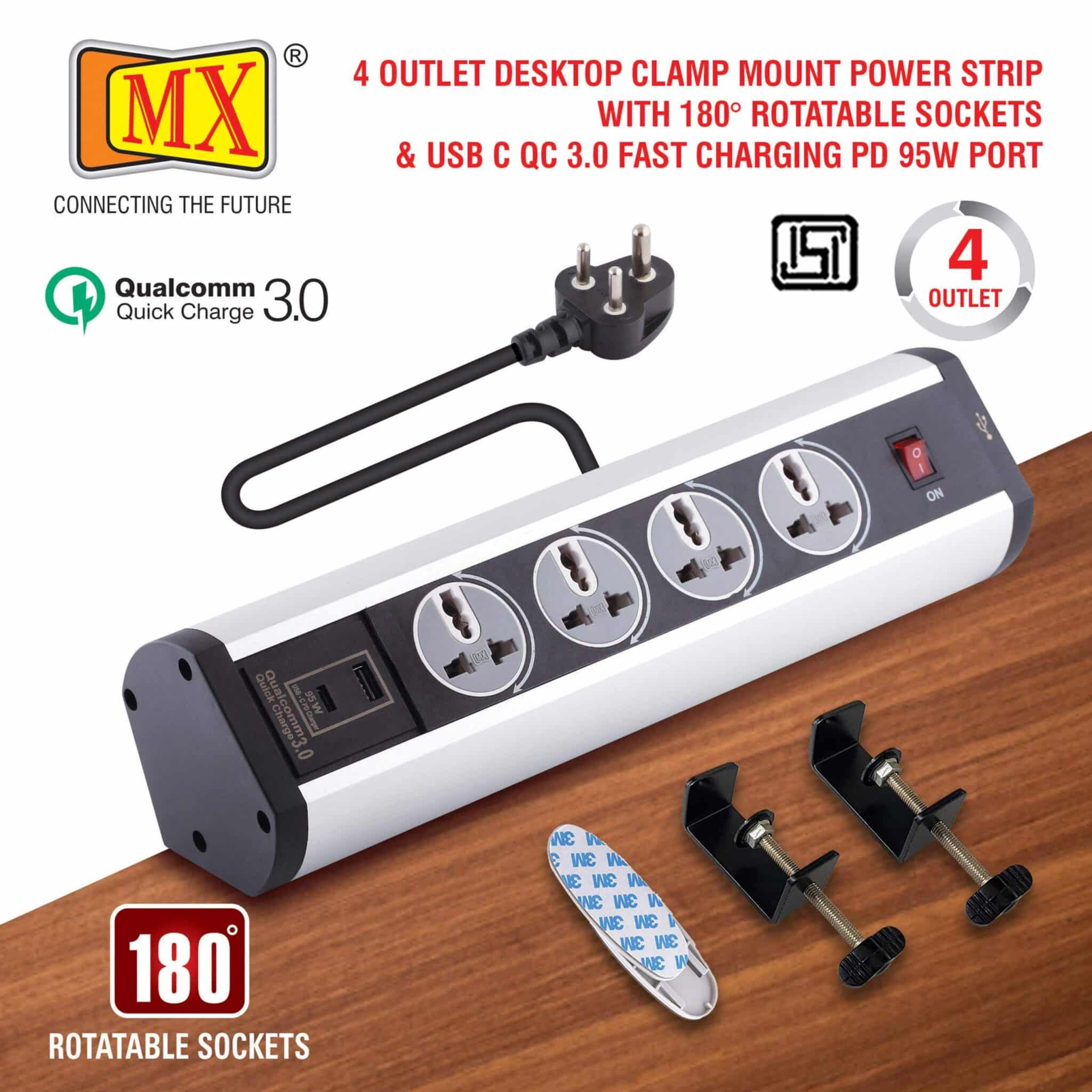 MX Power Console 6 Amp 4 Universal Rotatable Sockets with 95W PD Charging Port Extension Board - Desk Clamp Mount – Master Switch For Home Office Exhibition School - 3 Pin Power Cord 1.5mtr - Image 2