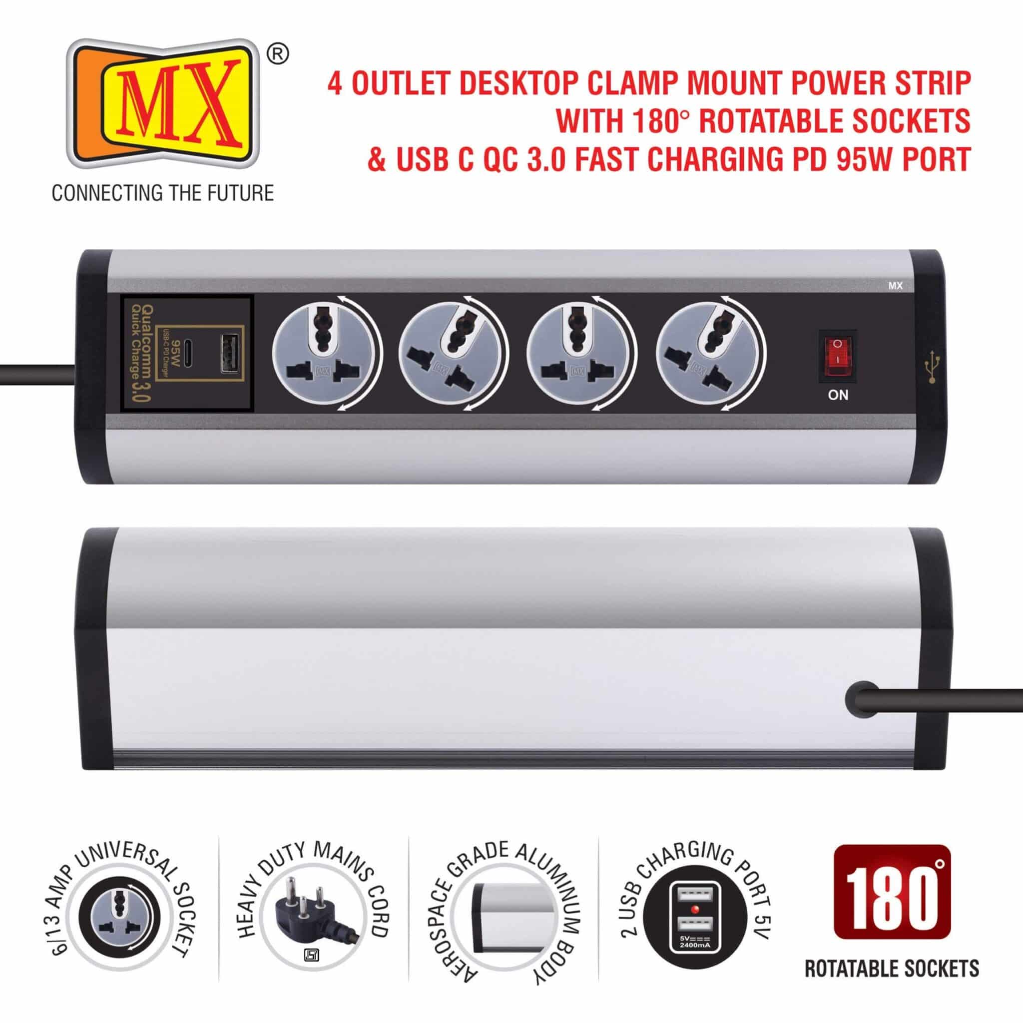 MX Power Console 6 Amp 4 Universal Rotatable Sockets with 95W PD Charging Port Extension Board - Desk Clamp Mount – Master Switch For Home Office Exhibition School - 3 Pin Power Cord 1.5mtr - Image 4