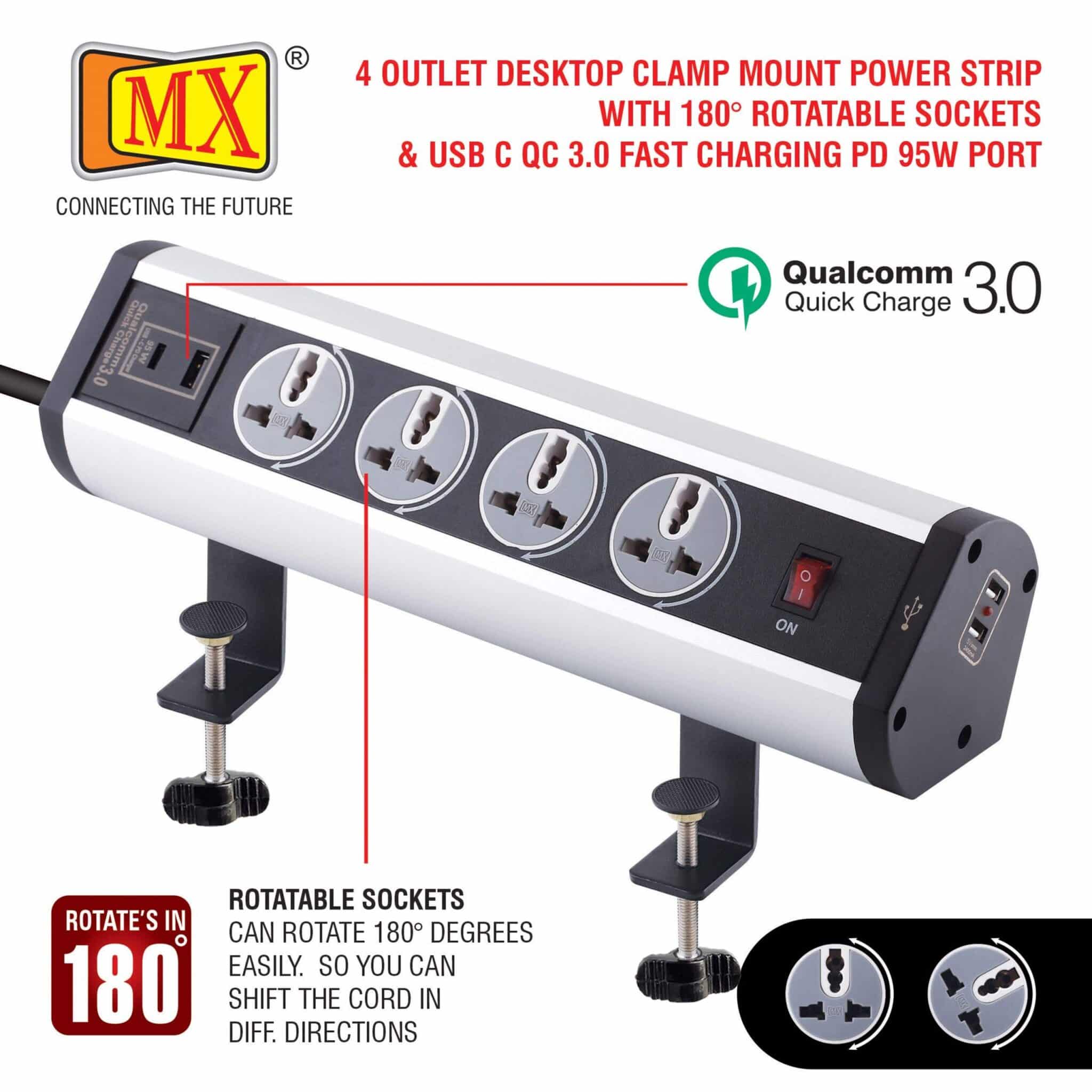 MX Power Console 6 Amp 4 Universal Rotatable Sockets with 95W PD Charging Port Extension Board - Desk Clamp Mount – Master Switch For Home Office Exhibition School - 3 Pin Power Cord 1.5mtr - Image 3