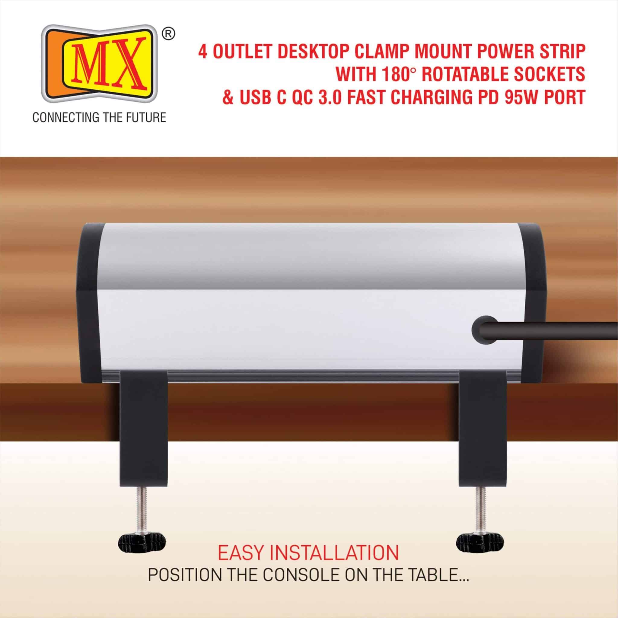 MX Power Console 6 Amp 4 Universal Rotatable Sockets with 95W PD Charging Port Extension Board - Desk Clamp Mount – Master Switch For Home Office Exhibition School - 3 Pin Power Cord 1.5mtr - Image 6