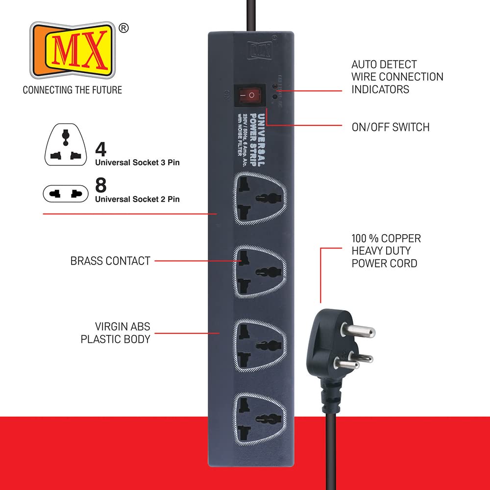 MX Power Strip with 12 Universal Socket , Single Master Switch (3 Pin: 4 Way Outlet & 2 Pin: 8 Way Outlets) 5 Meter Power Cord- Spike Guard Extension Board for home appliances like electric cooktop & Stove - Image 6