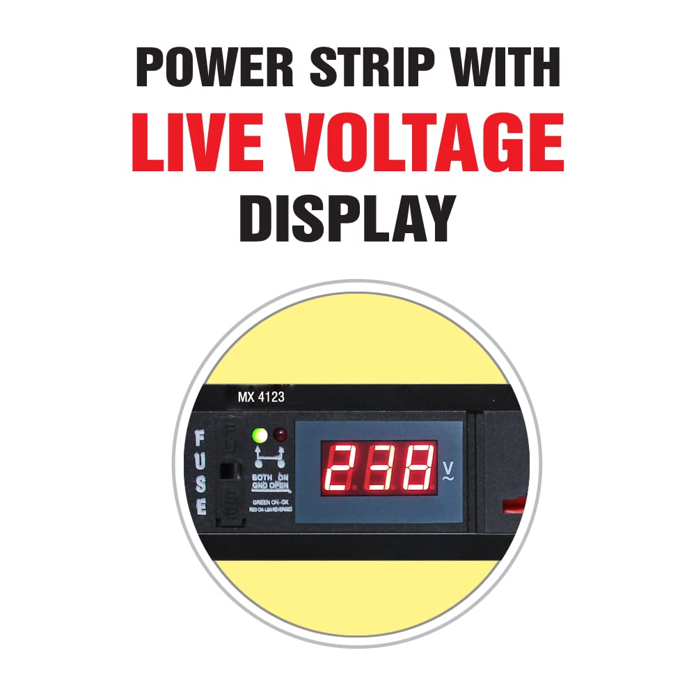 MX 6-Outlet Power Distribution Unit with Live Voltage Display, 6 AMP (Parameter: 30W~265V), Wall/Rack Mount, Built-in Fuse, Master Switch, Heavy-Duty 1.5m Power Cord for home appliances like electric cooktop & Stove - Image 2
