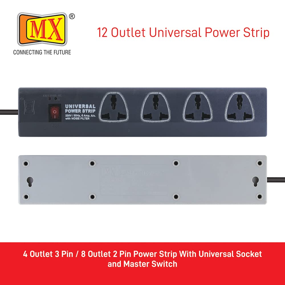 MX Power Strip with 12 Universal Socket , Single Master Switch (3 Pin: 4 Way Outlet & 2 Pin: 8 Way Outlets) 5 Meter Power Cord- Spike Guard Extension Board for home appliances like electric cooktop & Stove - Image 7