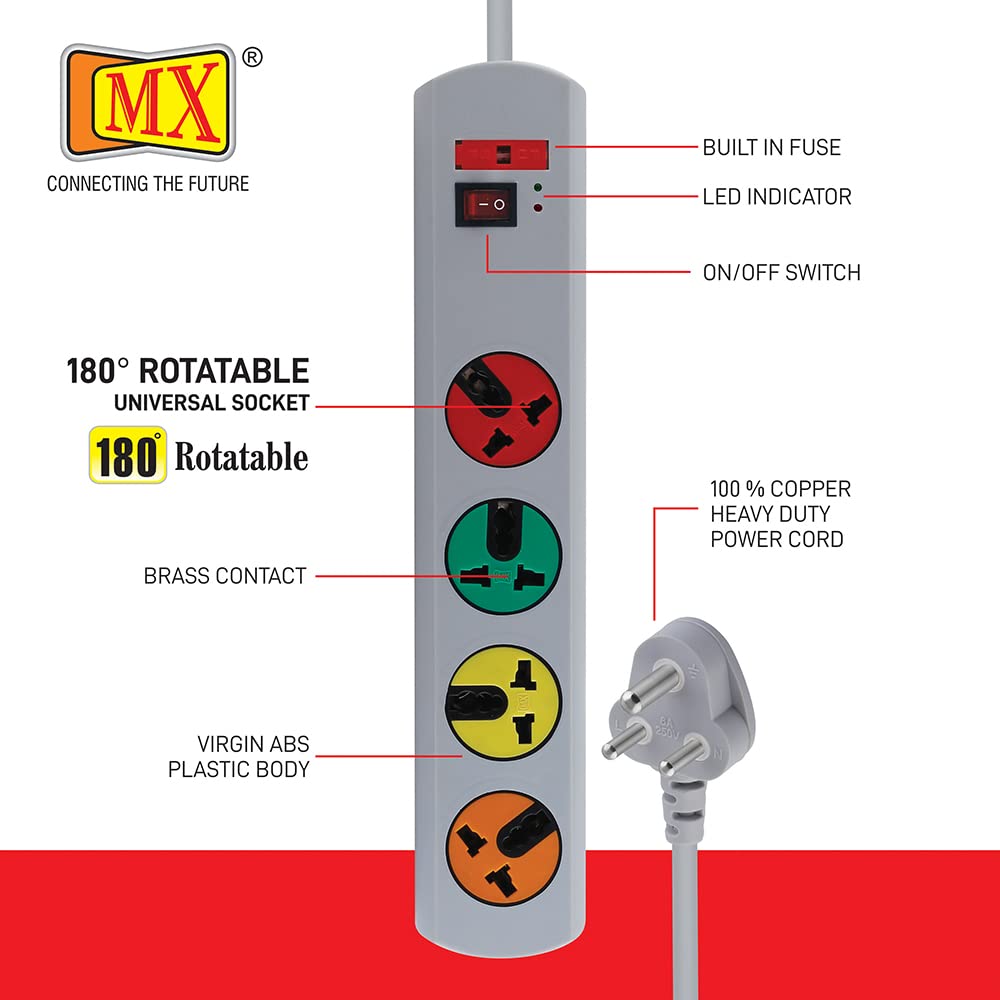 MX 180 Rotatable 4 Universal Socket Power Strip, Master Switch, Fuse, LED Indicator - Spike Guard Extension Board, 1.5 Meter for home appliances like electric cooktop & Stove - Image 5