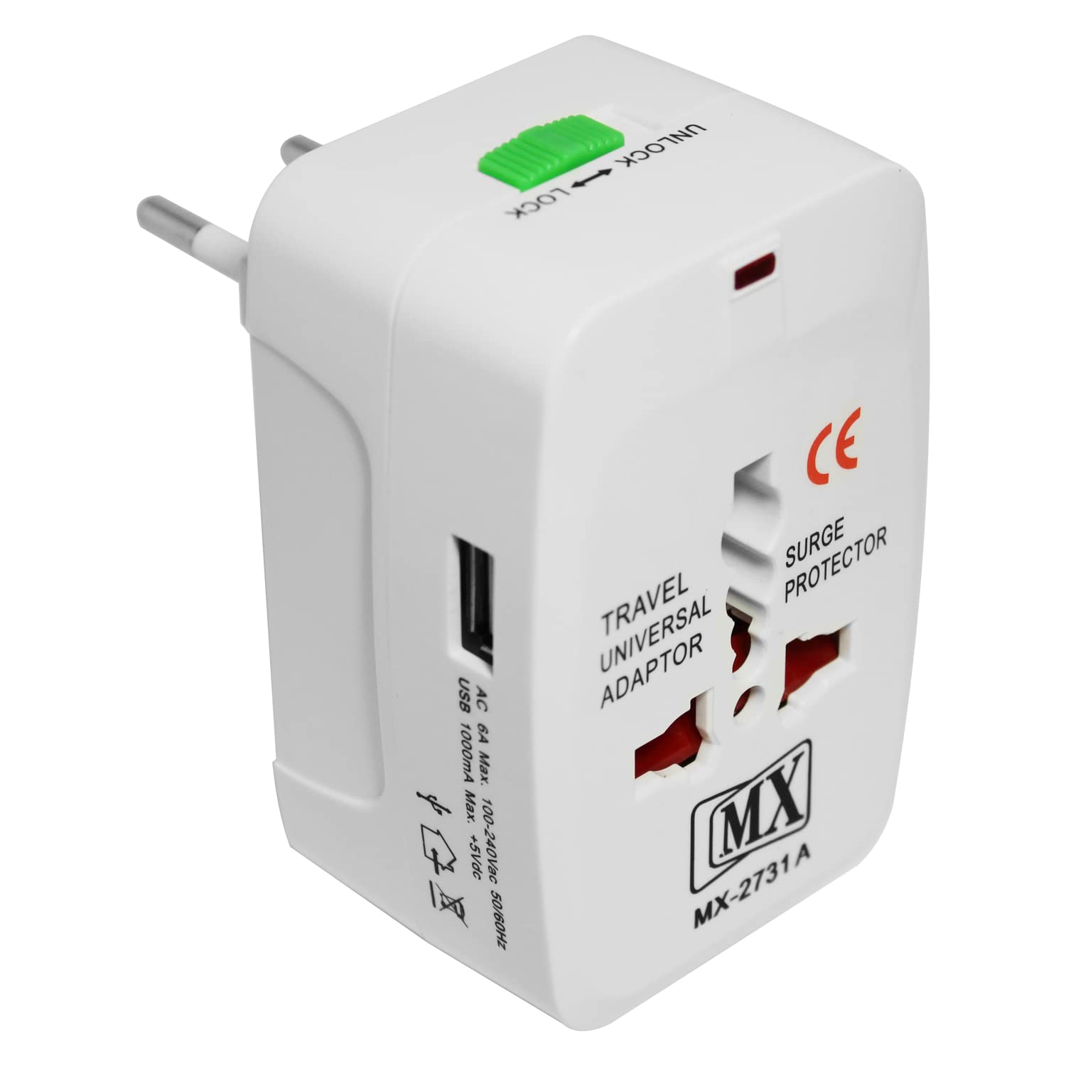 MX Universal Travel Adaptor with Build in USB Charger Port with 250V, Surge/Spike Protected Electrical Plug White