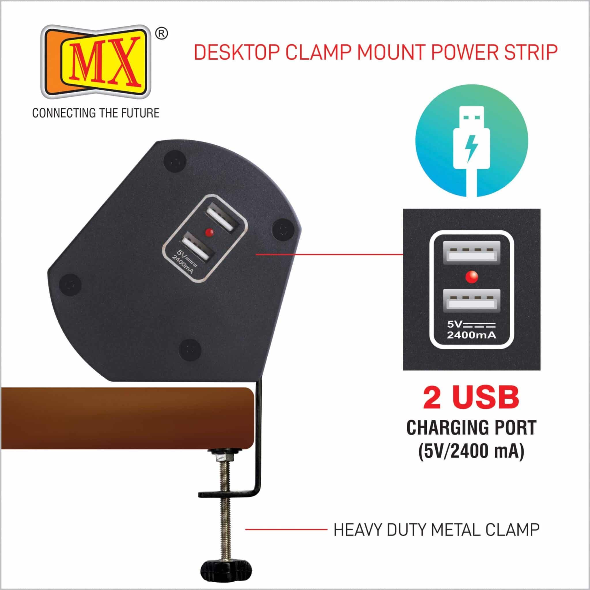 MX Premium Power Console 6 Amp 2 Universal Sockets with 65W PD Charging Port Extension Board - with removable Desk Clamp – Power Strip – Master Switch - 1.5m 3 Pin Plug extension Cord (MX-4181_1.5mtr) - Image 6