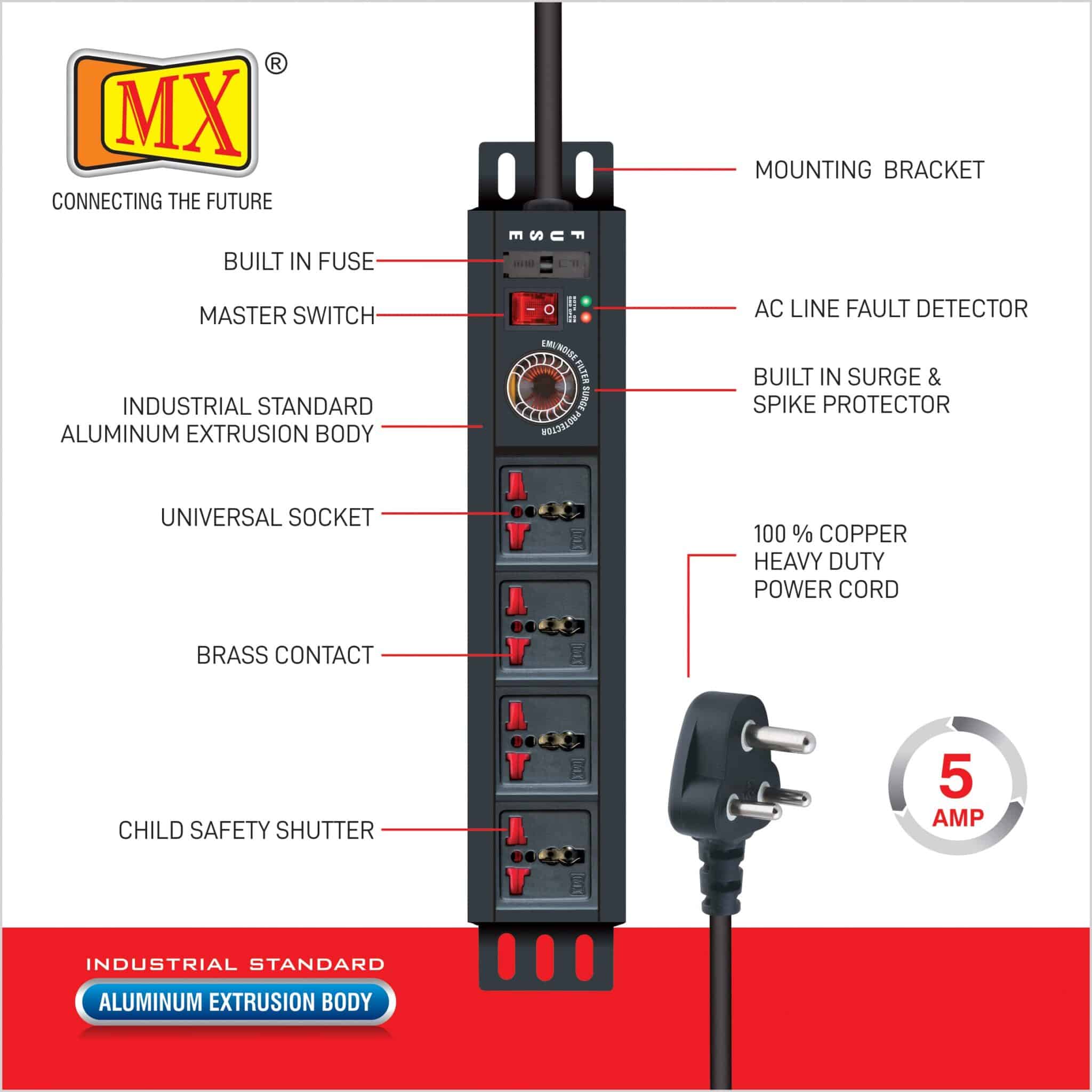 MX 4 Outlet Power Distribution Unit With Universal Socket and Spike Protector – 1.5 Mtr Power Cord for home appliances like electric cooktop & Stove - Image 3