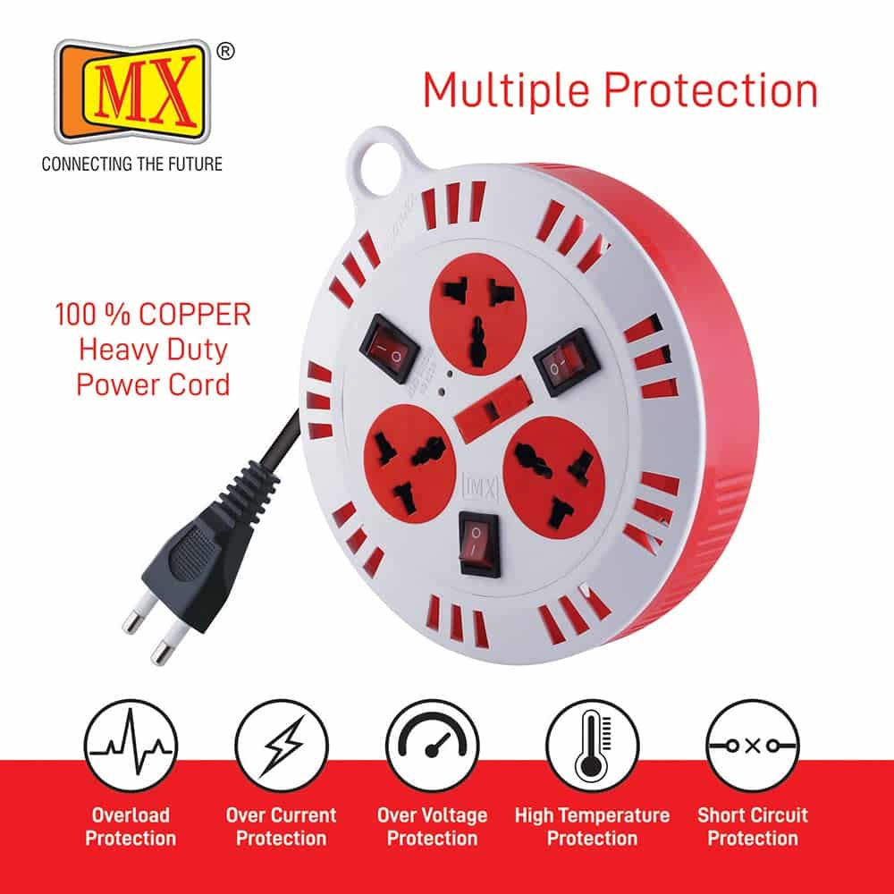 MX 3 Outlet Universal Sockets, Spike Guard Extension Box with Individual Switch, Fuse Protection - 2 Pin x 10 Meter Power Cord - Image 4