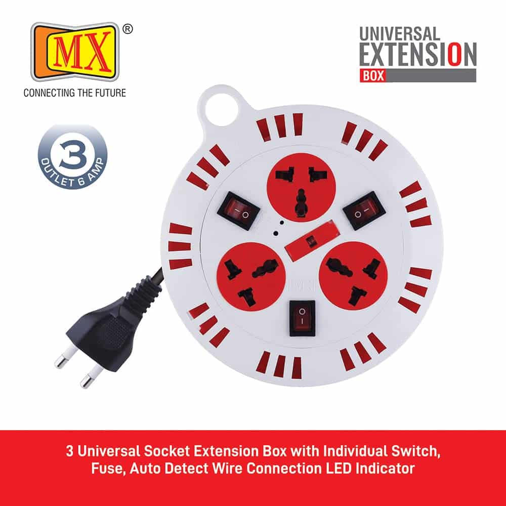 MX 3 Outlet Universal Sockets, Spike Guard Extension Box with Individual Switch, Fuse Protection - 2 Pin x 10 Meter Power Cord - Image 2