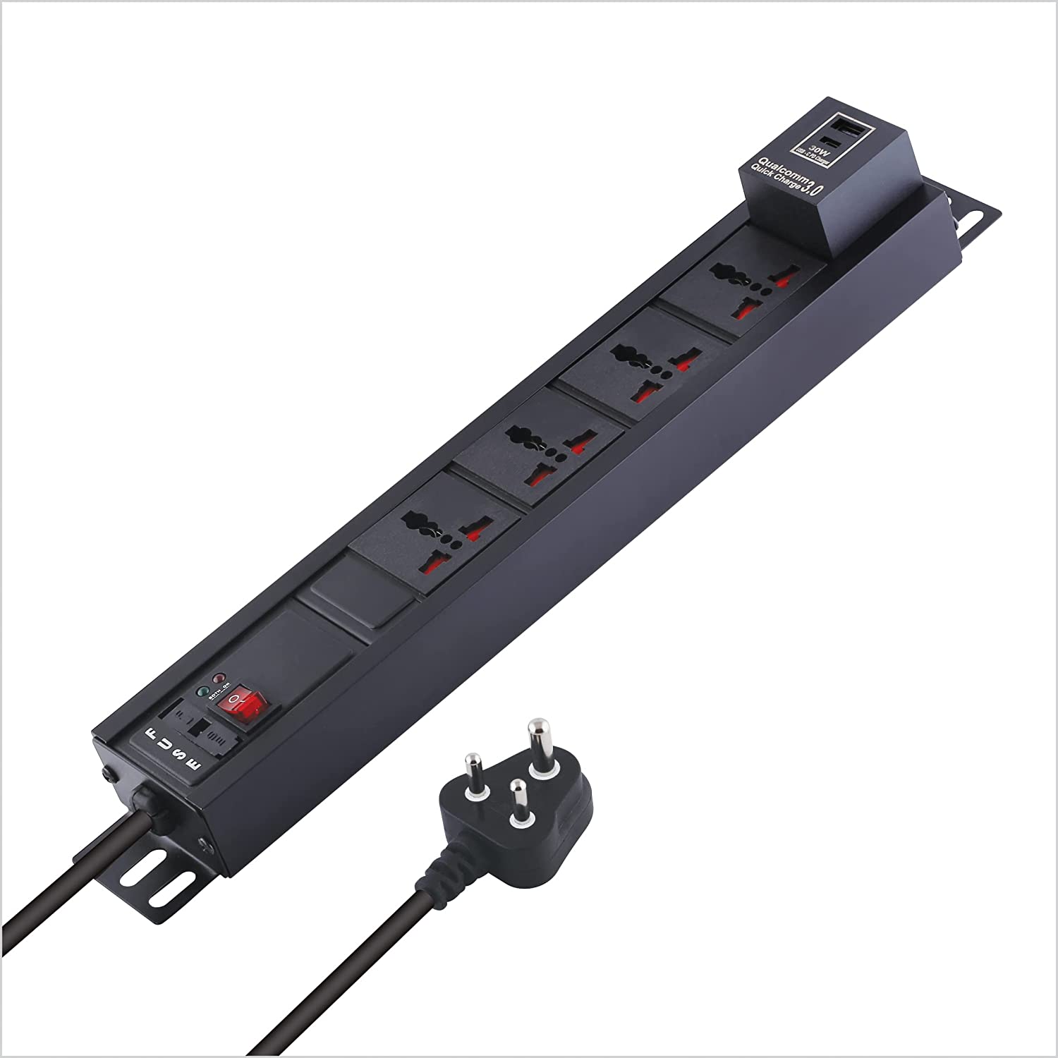 MX 4-Outlet Power Distribution Unit with 5A Universal Socket, USB C PD 30W, USB A Port, Fuse, Master Switch, Wall Mount, 1.5m Power Cord.
