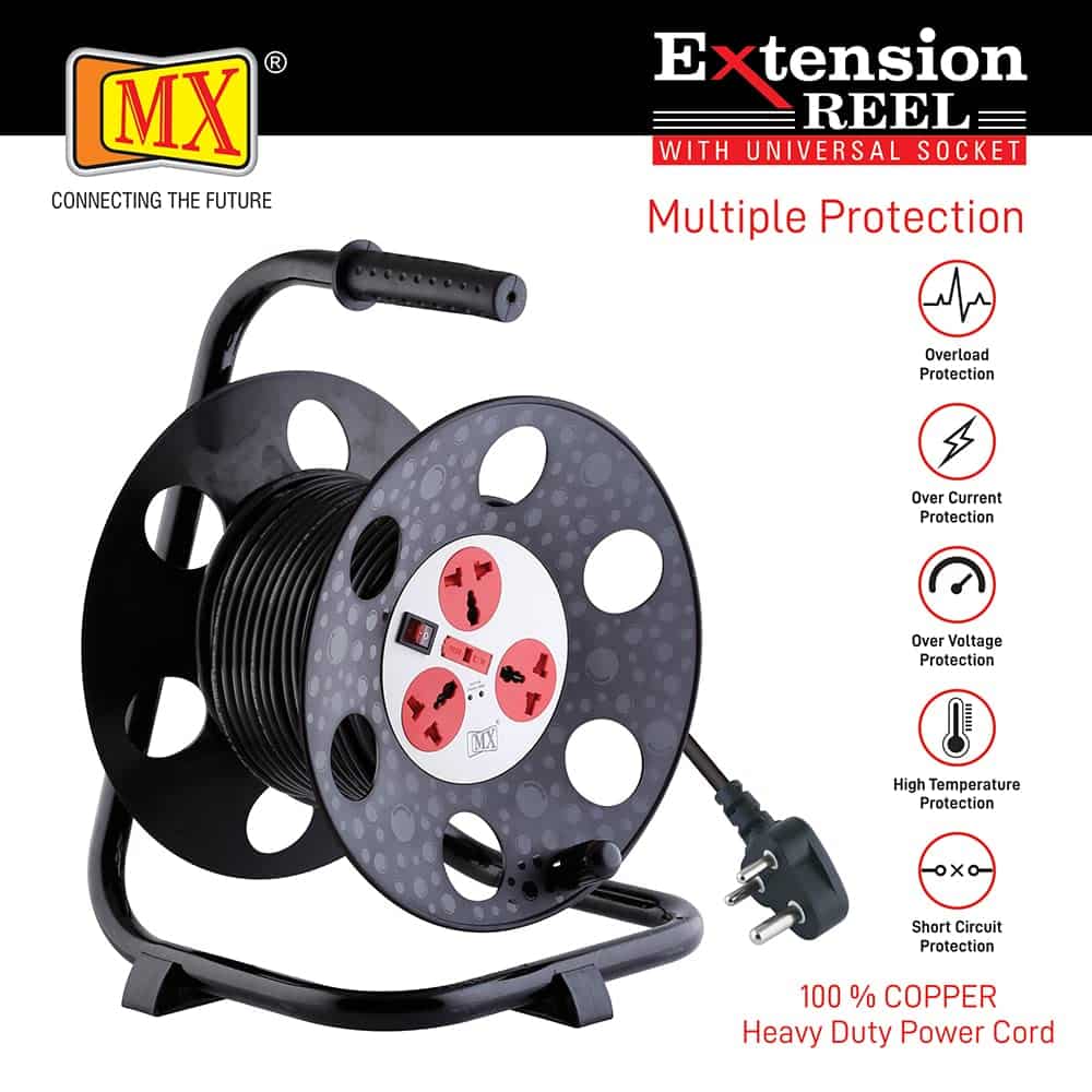 MX 3 Outlet Universal 5 Amp Sockets Extension Reel / Extension Board with Single Master Switch, 30 Meter - 3Pin Power Cord - Image 4