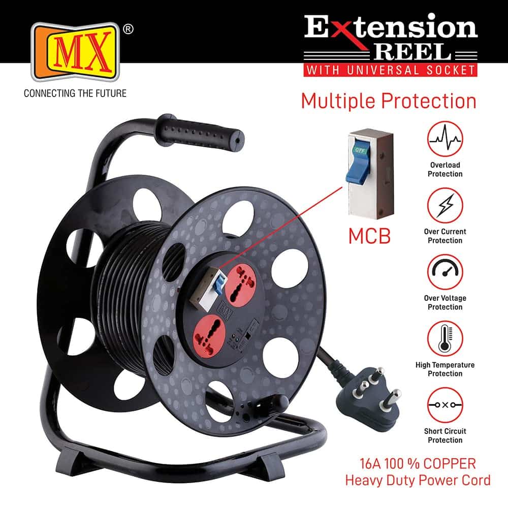 MX 2 Outlet Universal 15 Amp Sockets Extension Reel / Extension Board with Single Pole 32 Amp MCB Switch, 30 Meter, 3-Pin, 16 Amp Power Cord - Image 4
