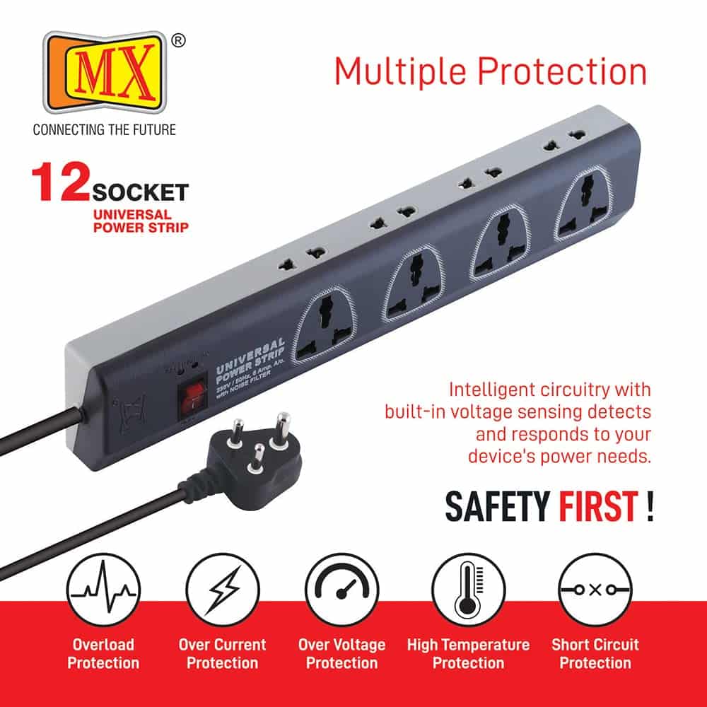 MX Power Strip with 12 Universal Socket , Single Master Switch (3 Pin: 4 Way Outlet & 2 Pin: 8 Way Outlets) 5 Meter Power Cord- Spike Guard Extension Board for home appliances like electric cooktop & Stove - Image 5