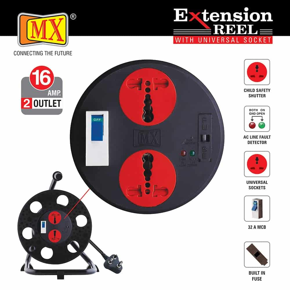 MX 2 Outlet Universal 15 Amp Sockets Extension Reel / Extension Board with Single Pole 32 Amp MCB Switch, 30 Meter, 3-Pin, 16 Amp Power Cord - Image 5