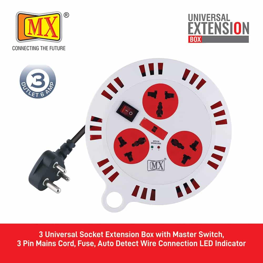 MX 3 Outlet Universal Sockets, Spike Guard Extension Box with Master Switch, Fuse Protection - 3 Pin x 5 Meter Power Cord - Image 3