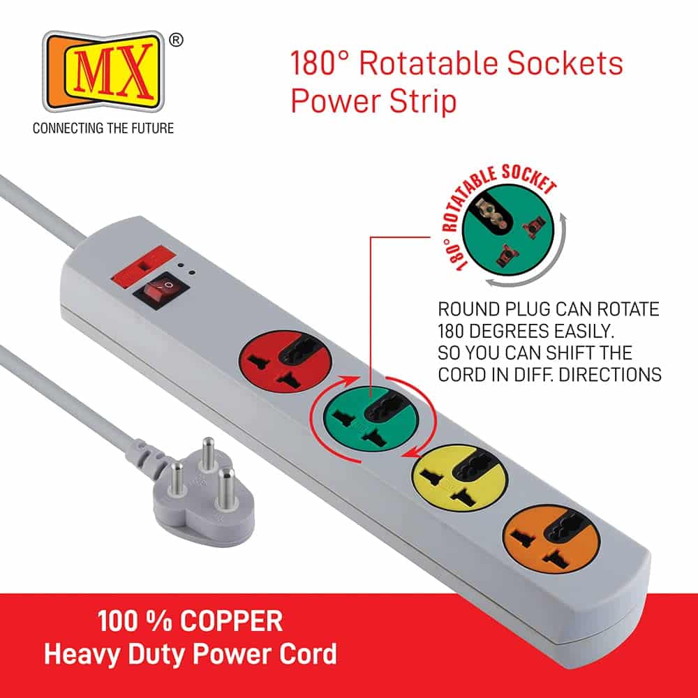 MX 180 Rotatable 4 Universal Socket Power Strip, Master Switch, Fuse, LED Indicator - Spike Guard Extension Board, 1.5 Meter for home appliances like electric cooktop & Stove - Image 3