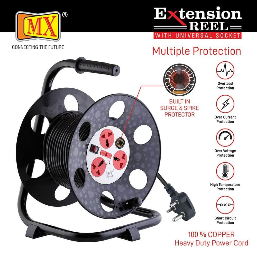 MX 3 Outlet Universal 5 Amp Sockets Extension Reel / Extension Board with Spike Guard / Surge Protection and Switch - 50 Meter, 3 Pin Power Cord - Image 4