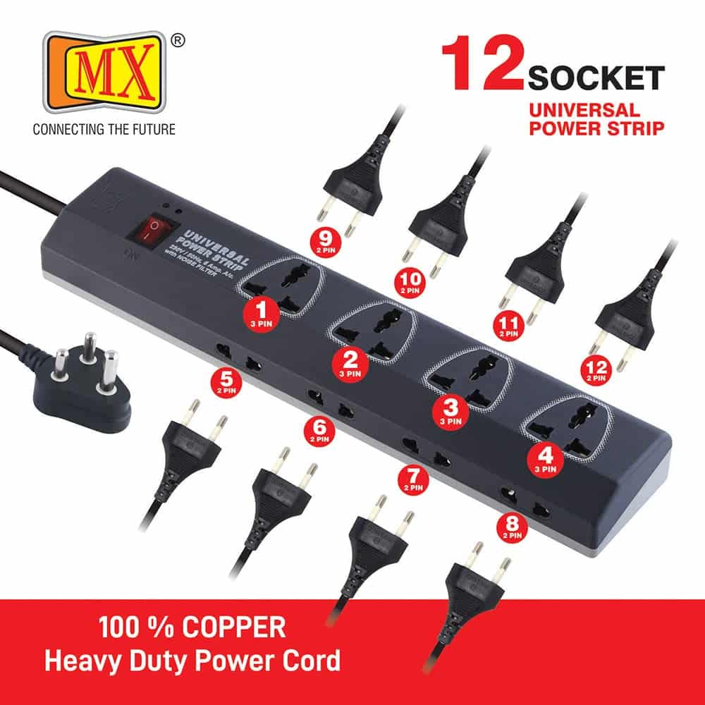 MX Power Strip with 12 Universal Socket , Single Master Switch (3 Pin: 4 Way Outlet & 2 Pin: 8 Way Outlets) 5 Meter Power Cord- Spike Guard Extension Board for home appliances like electric cooktop & Stove - Image 4