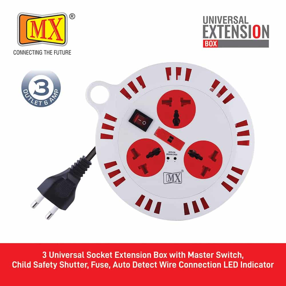 MX 3 Outlet Universal Sockets, Spike Guard Extension Box with Master Switch, Fuse Protection & Child Safety Shutter - 2 Pin x 10 Meter Power Cord - Image 2