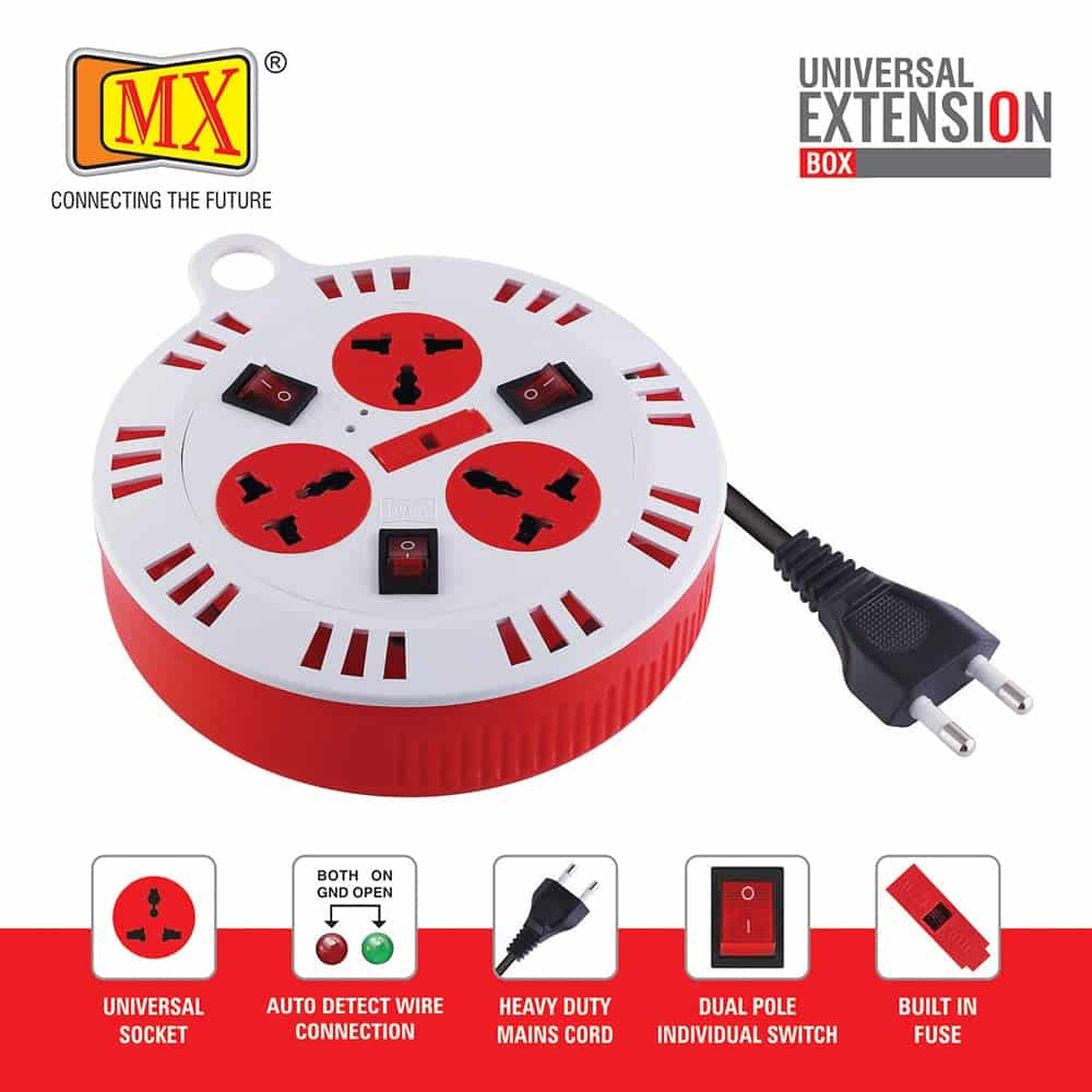 MX 3 Outlet Universal Sockets, Spike Guard Extension Box with Individual Switch, Fuse Protection - 2 Pin x 10 Meter Power Cord - Image 3