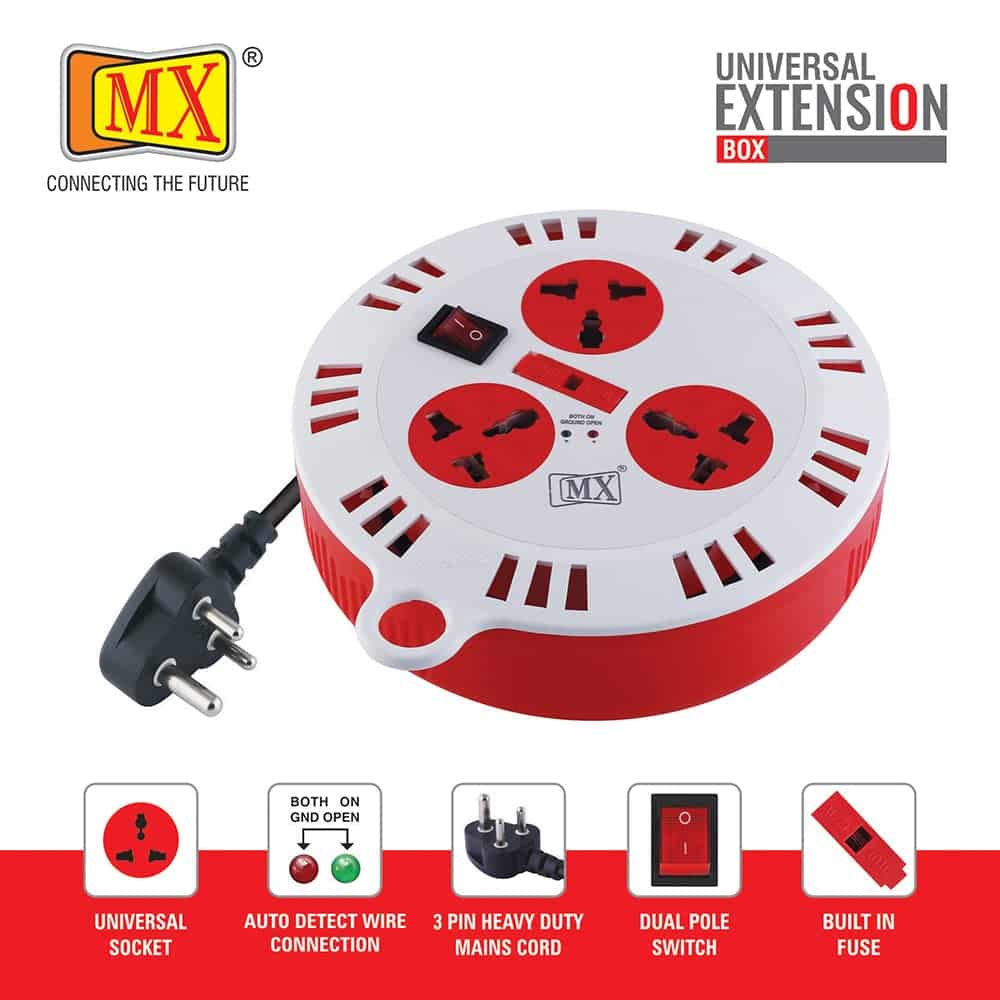 MX 3 Outlet Universal Sockets, Spike Guard Extension Box with Master Switch, Fuse Protection - 3 Pin x 5 Meter Power Cord - Image 2