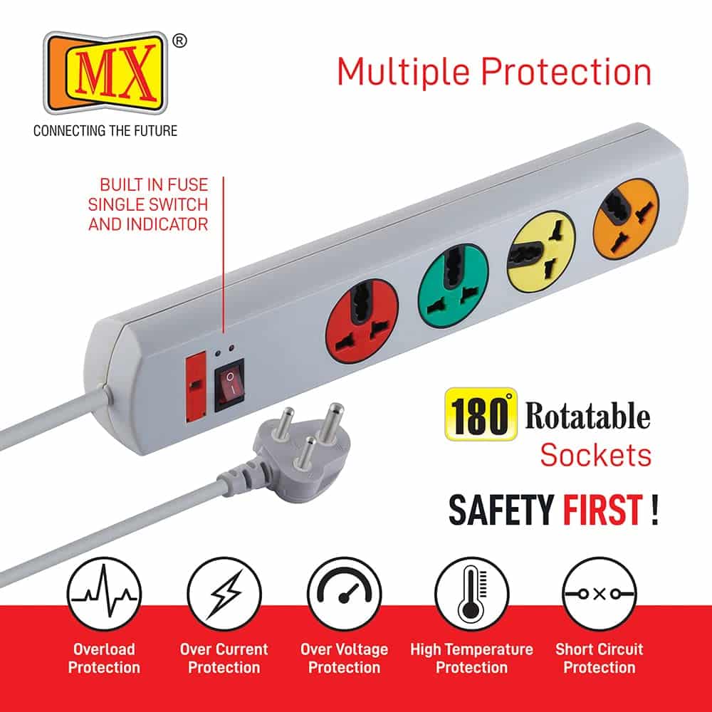 MX 180 Rotatable 4 Universal Socket Power Strip, Master Switch, Fuse, LED Indicator - Spike Guard Extension Board, 1.5 Meter for home appliances like electric cooktop & Stove - Image 4
