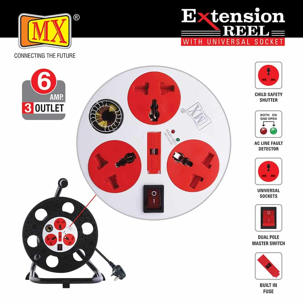 MX 3 Outlet Universal 5 Amp Sockets Extension Reel / Extension Board with Spike Guard / Surge Protection and Switch - 50 Meter, 3 Pin Power Cord - Image 5