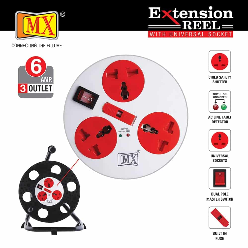 MX 3 Outlet Universal 5 Amp Sockets Extension Reel / Extension Board with Single Master Switch, 30 Meter - 3Pin Power Cord - Image 5