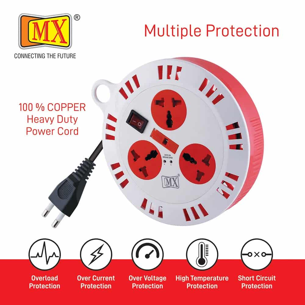 MX 3 Outlet Universal Sockets, Spike Guard Extension Box with Master Switch, Fuse Protection & Child Safety Shutter - 2 Pin x 10 Meter Power Cord - Image 4
