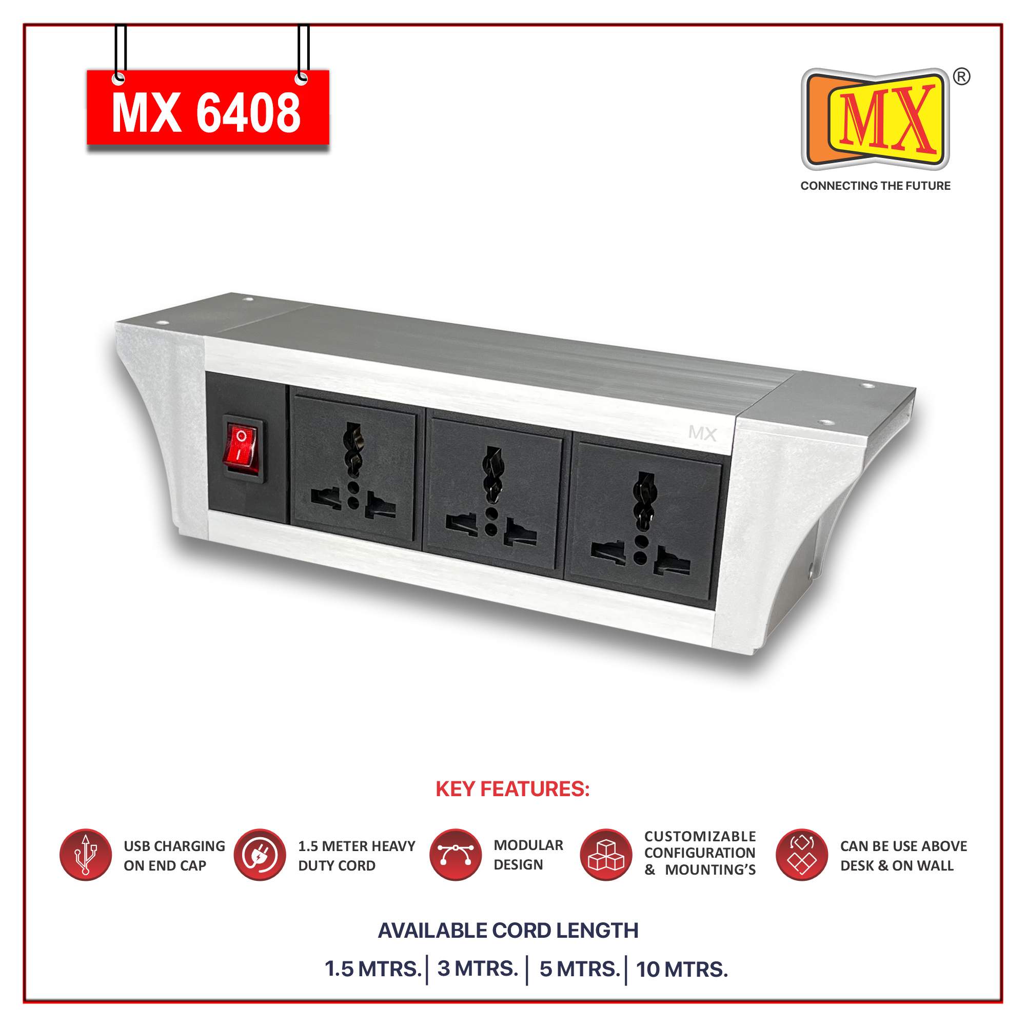 MX PDU Under table 6/13 Amps 3 Universal Socket | 2 USB (2.4 Amp) with Dual Pole LED Indicator Switch | 6 Amps Heavy Duty Cord 5 Meter with ISI Marked, Aluminium Body Material (MX-6408-5M Silver) - Image 2