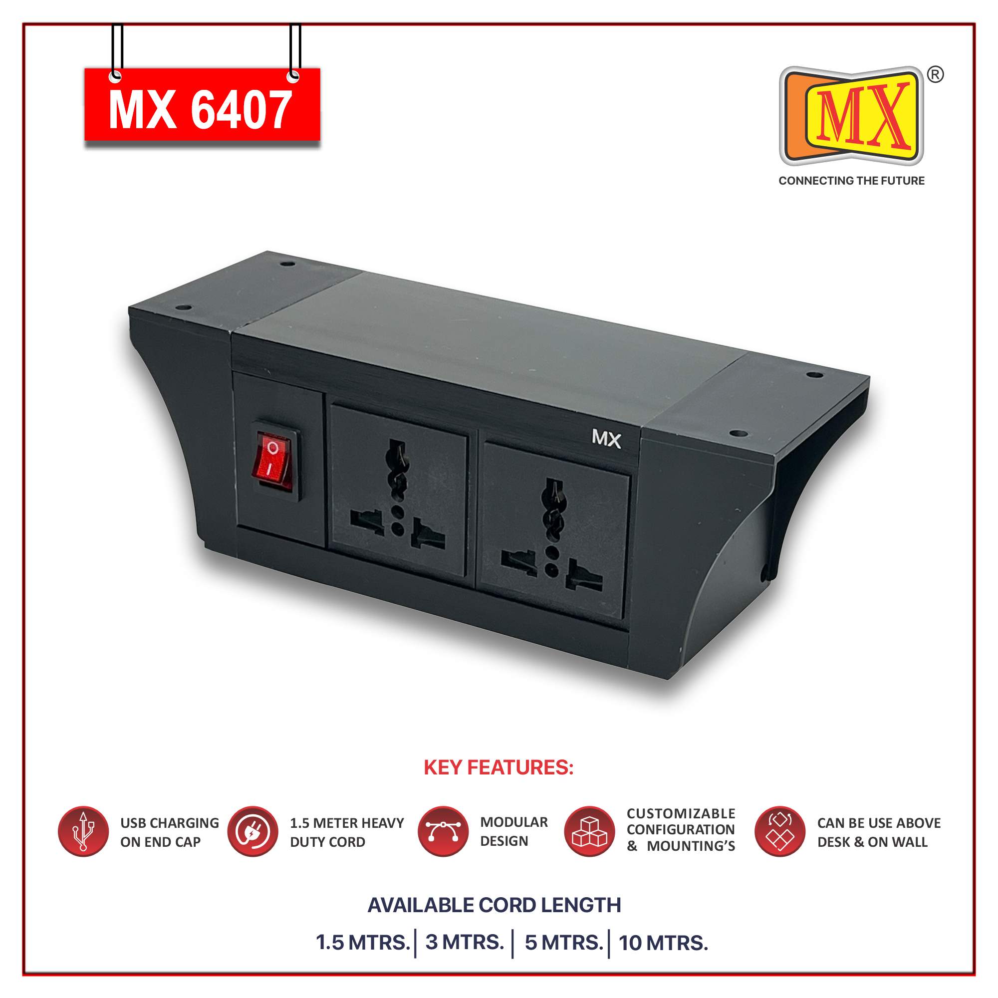 MX PDU Under table 6/13 Amps 2 Universal Socket | 2 USB (2.4 Amp) with Dual Pole LED Indicator Switch | 6 Amps Heavy Duty Cord 1.5 Meter with ISI Marked, Aluminum Body Material (MX-6407-1.5M Black) - Image 2