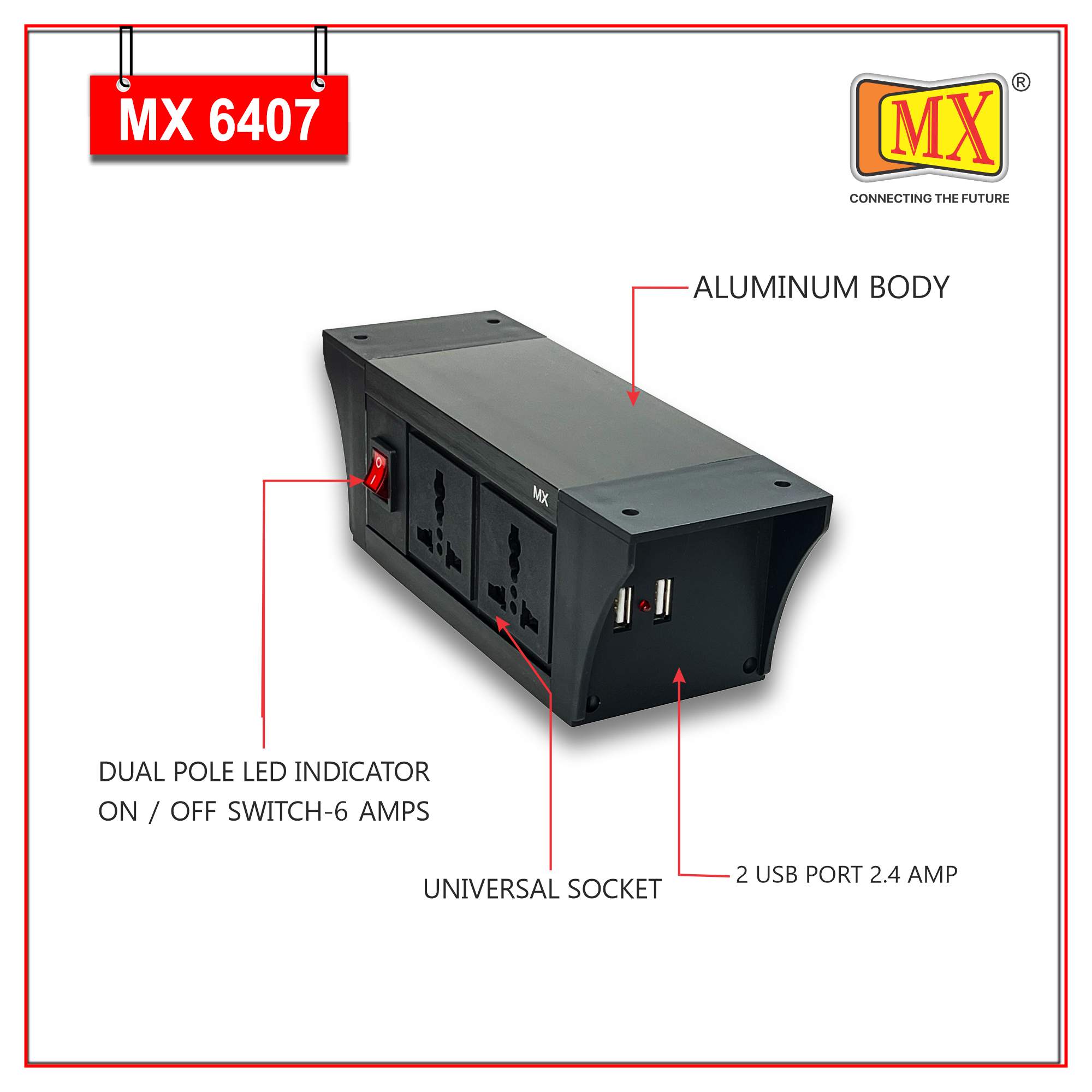 MX PDU Under table 6/13 Amps 2 Universal Socket | 2 USB (2.4 Amp) with Dual Pole LED Indicator Switch | 6 Amps Heavy Duty Cord 1.5 Meter with ISI Marked, Aluminum Body Material (MX-6407-1.5M Black) - Image 3