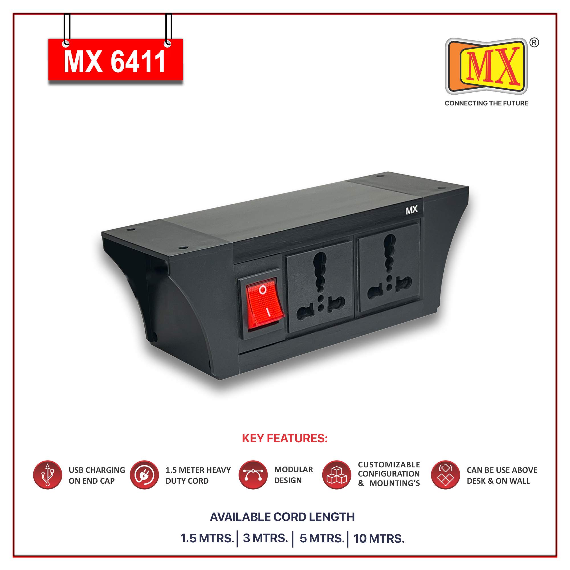 MX PDU Under table 6/16 Amps 2 Universal Socket | 2 USB (2.4 Amp) with Dual Pole LED Indicator Switch | 16 Amps Heavy Duty Cord 3 Meter with ISI Marked, Aluminium Body Material (MX 6411-3M Black) - Image 2