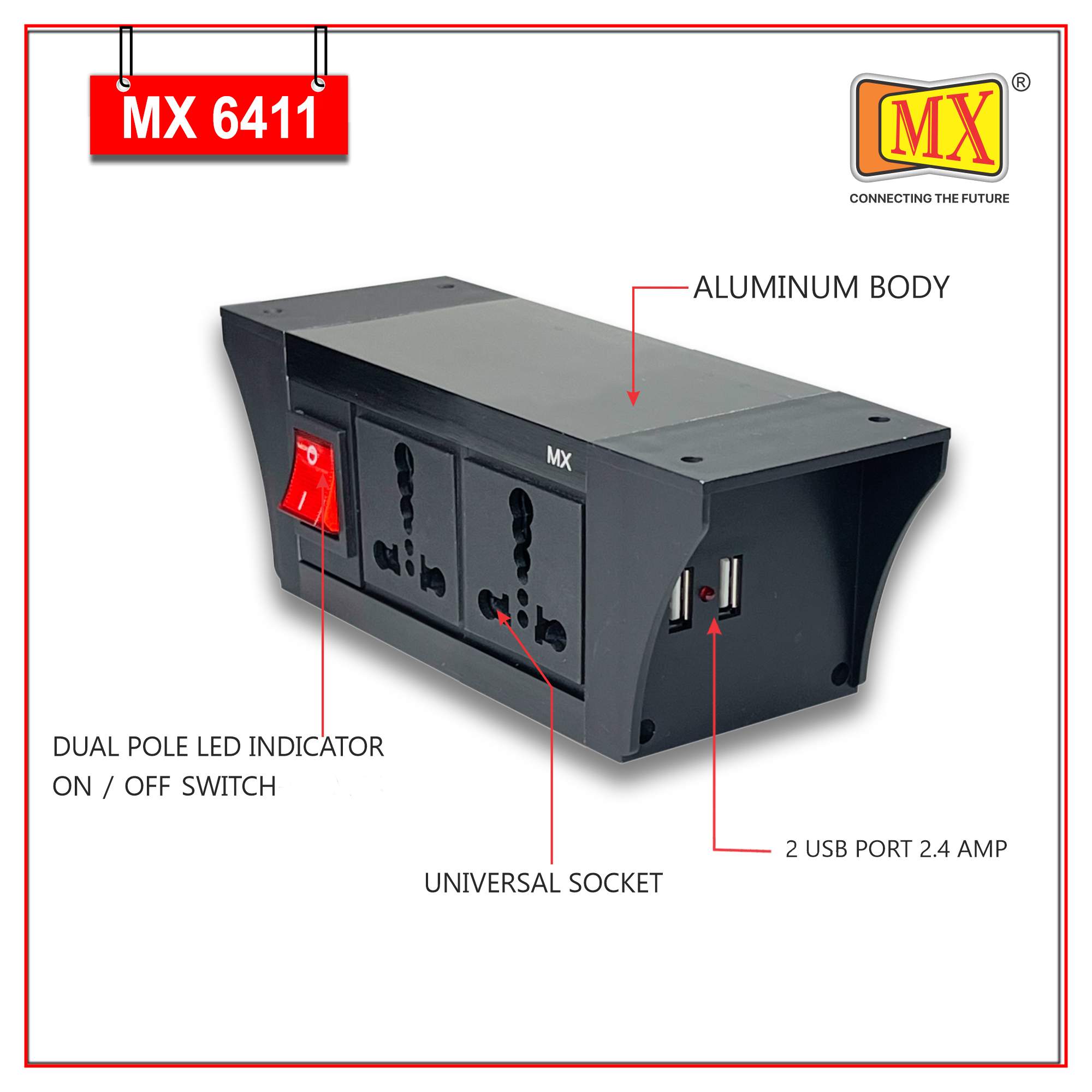 MX PDU Under table 6/16 Amps 2 Universal Socket | 2 USB (2.4 Amp) with Dual Pole LED Indicator Switch | 16 Amps Heavy Duty Cord 3 Meter with ISI Marked, Aluminium Body Material (MX 6411-3M Black) - Image 3