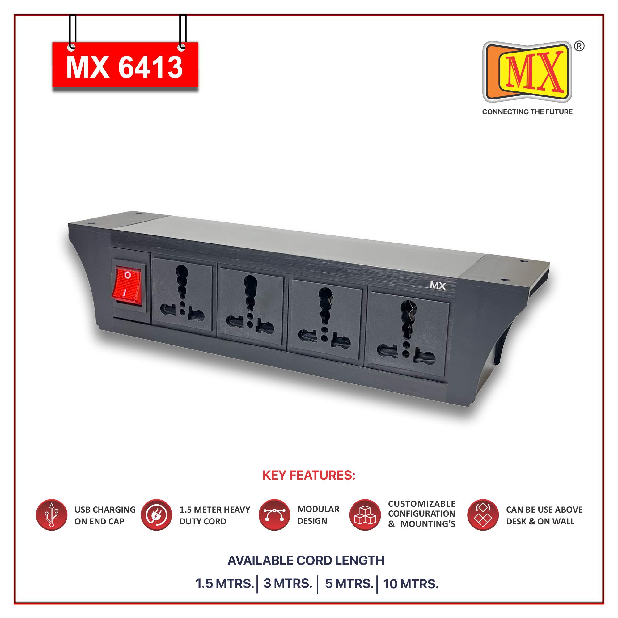 MX PDU Under table 6/16 Amps 4 Universal Socket | 2 USB (2.4 Amp) with Dual Pole LED Indicator Switch | 16 Amps Heavy Duty Cord 1.5 Meter with ISI Marked, Aluminium Body Material (MX 6413-1.5M Black) - Image 2