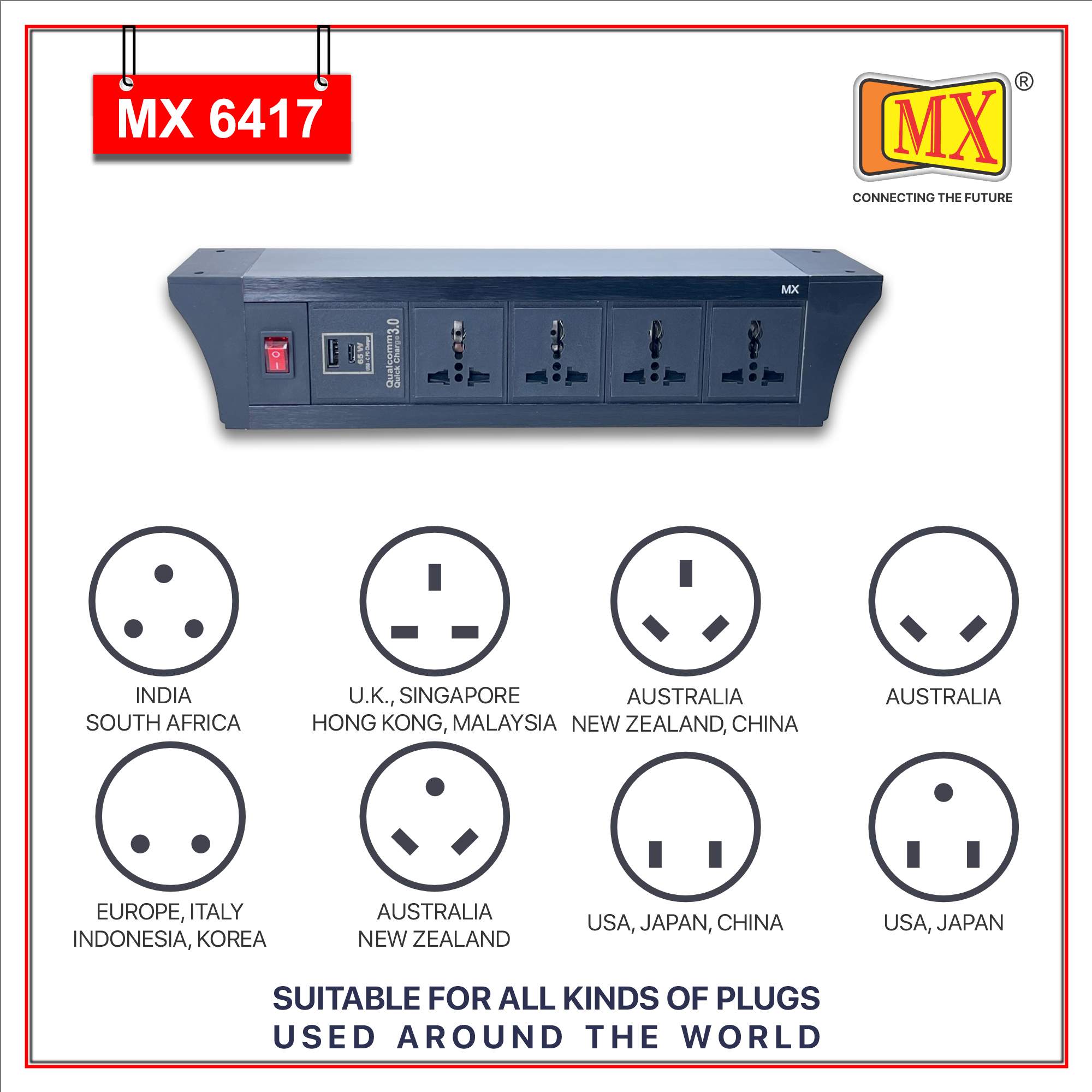 MX PDU Under table 6/13 Amps 4 Universal Socket | 2 USB (2.4 Amp) with 65W PD Charger | Dual Pole LED Indicator Switch | 6 Amps Heavy Duty Cord 3 Meter with ISI Marked, Aluminium Body Material(MX 6417-3M Black) - Image 4